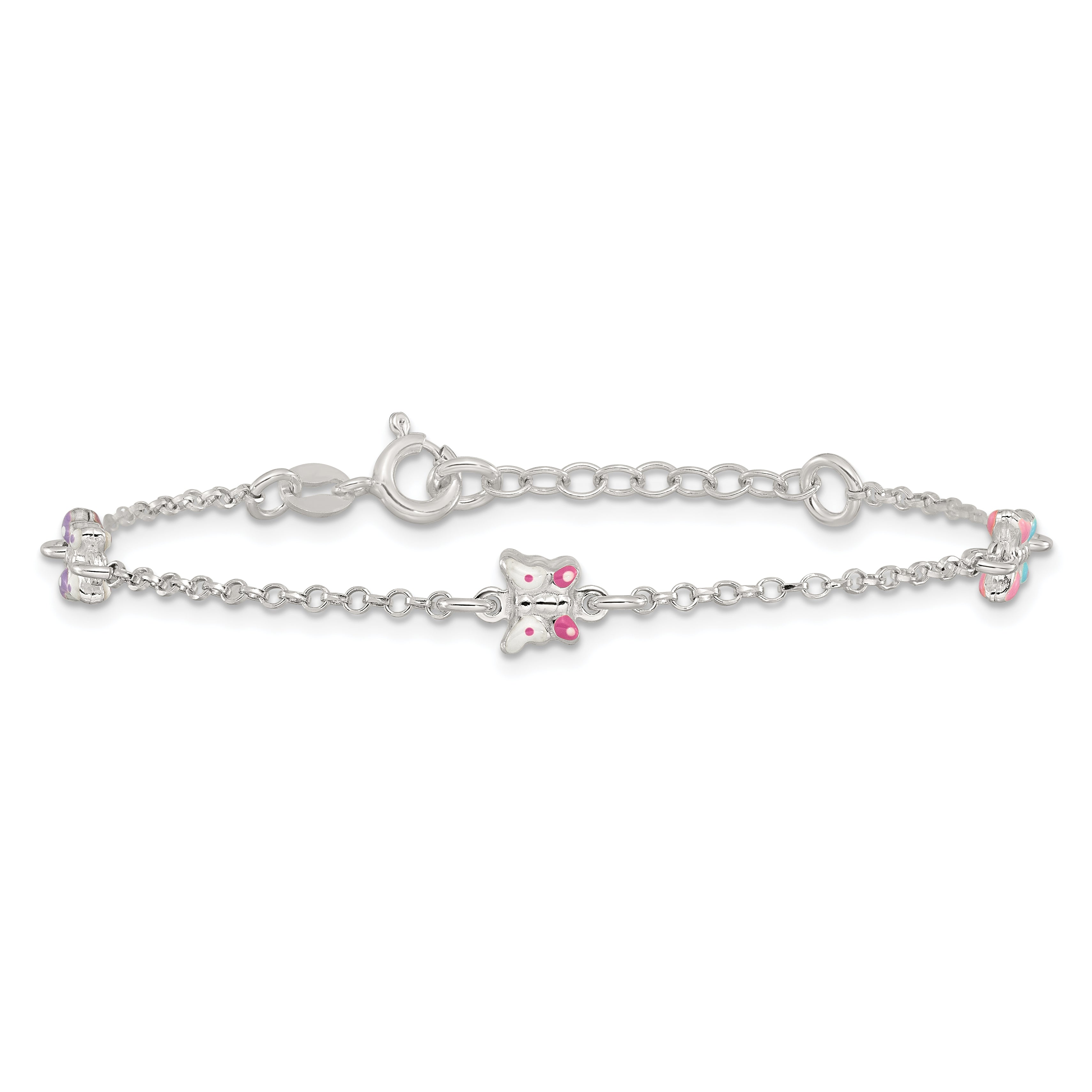 Sterling Silver Polished Pink/Purple/White/Blue Enameled Butterfly 6 inch with 1 inch extension Childrens Bracelet