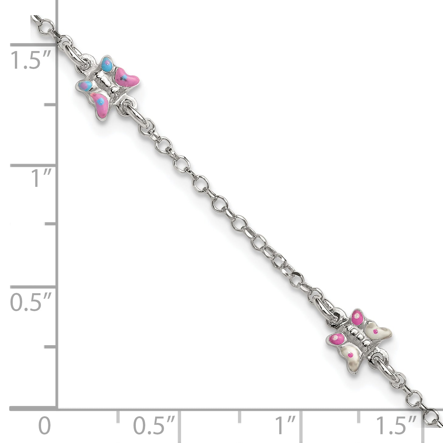 Sterling Silver Polished Pink/Purple/White/Blue Enameled Butterfly 6 inch with 1 inch extension Childrens Bracelet