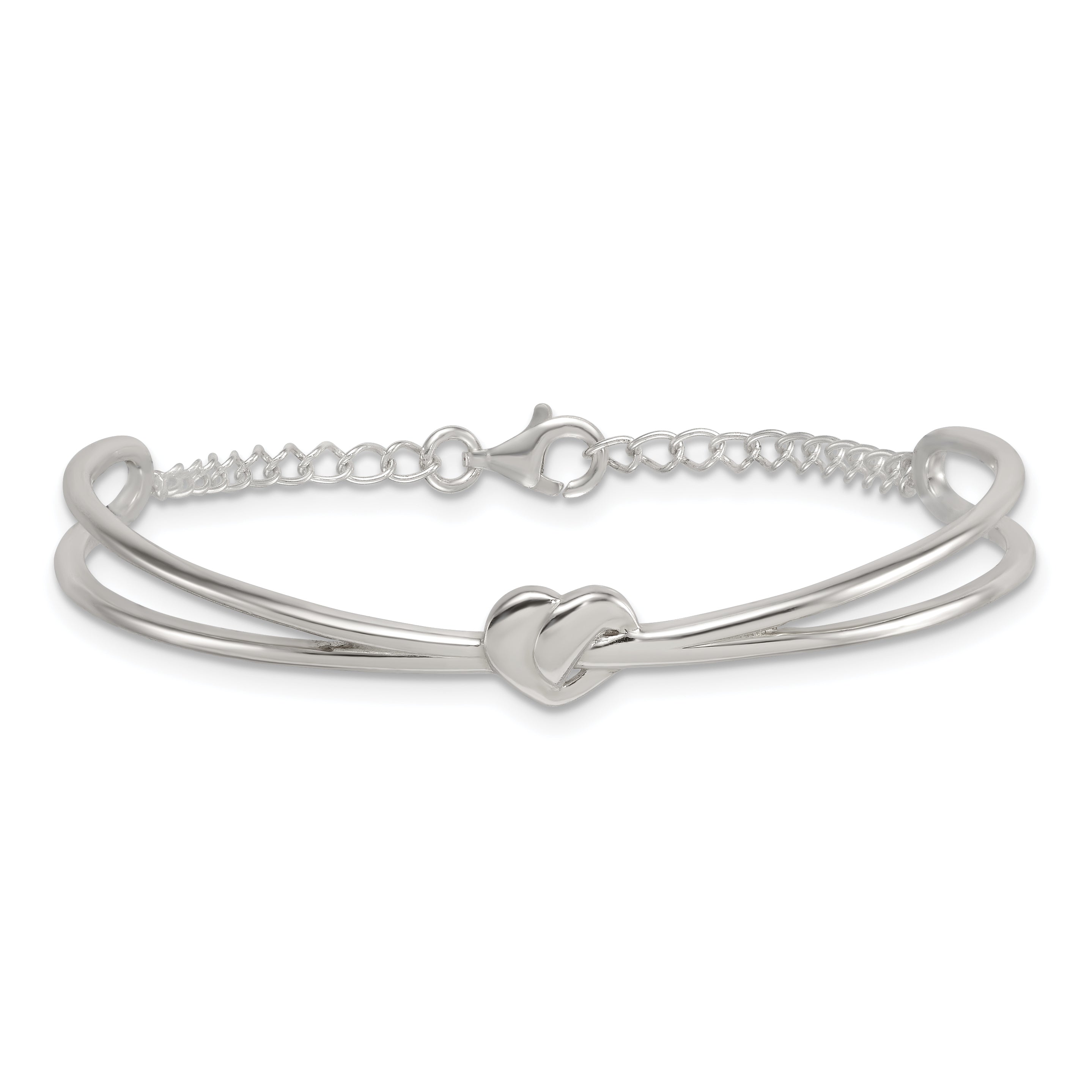 Sterling Silver Polished Twisted Heart Childrens Cuff Bracelet with Safety Chain