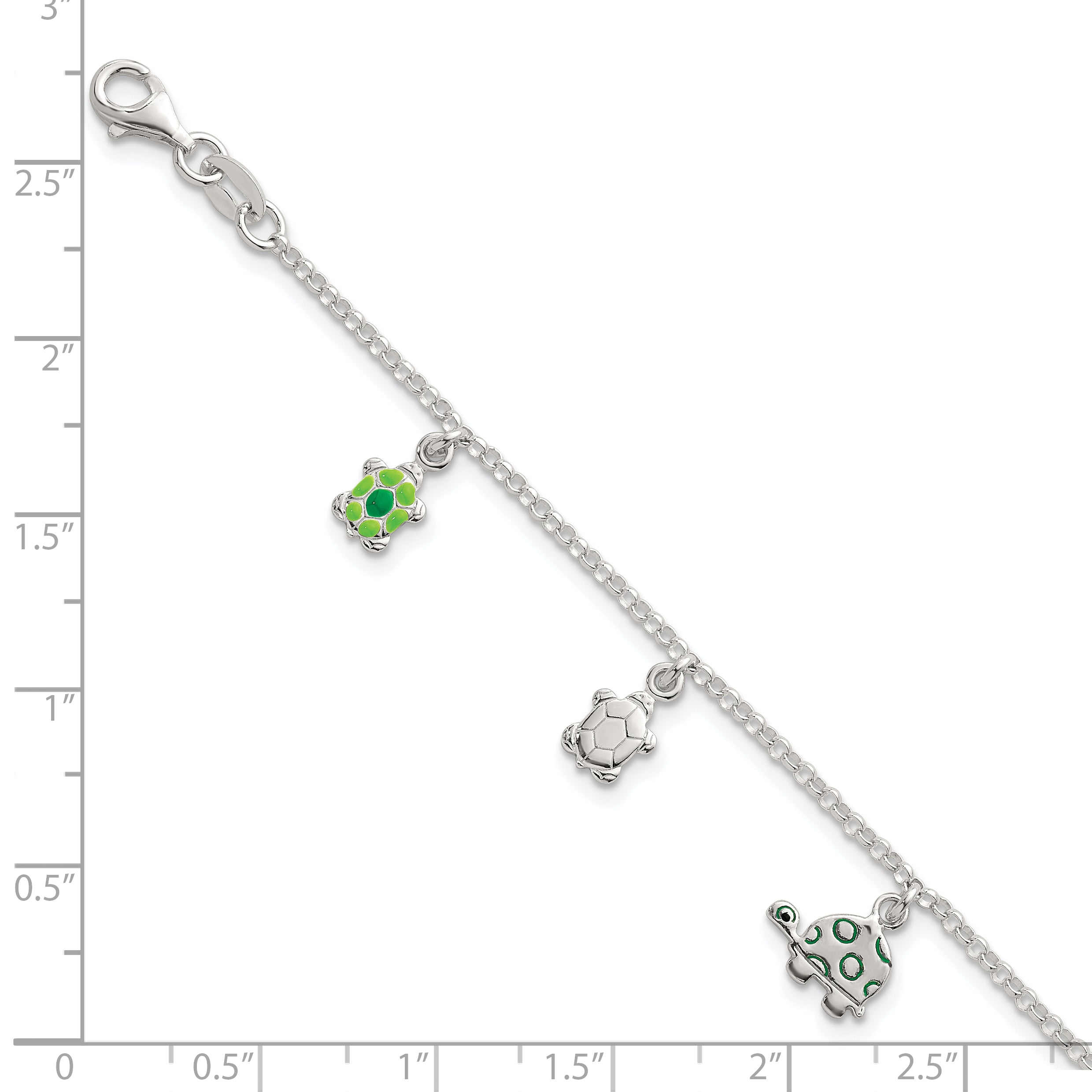 Sterling Silver Polished Green Enamel Turtles Childrens 6 inch Bracelet