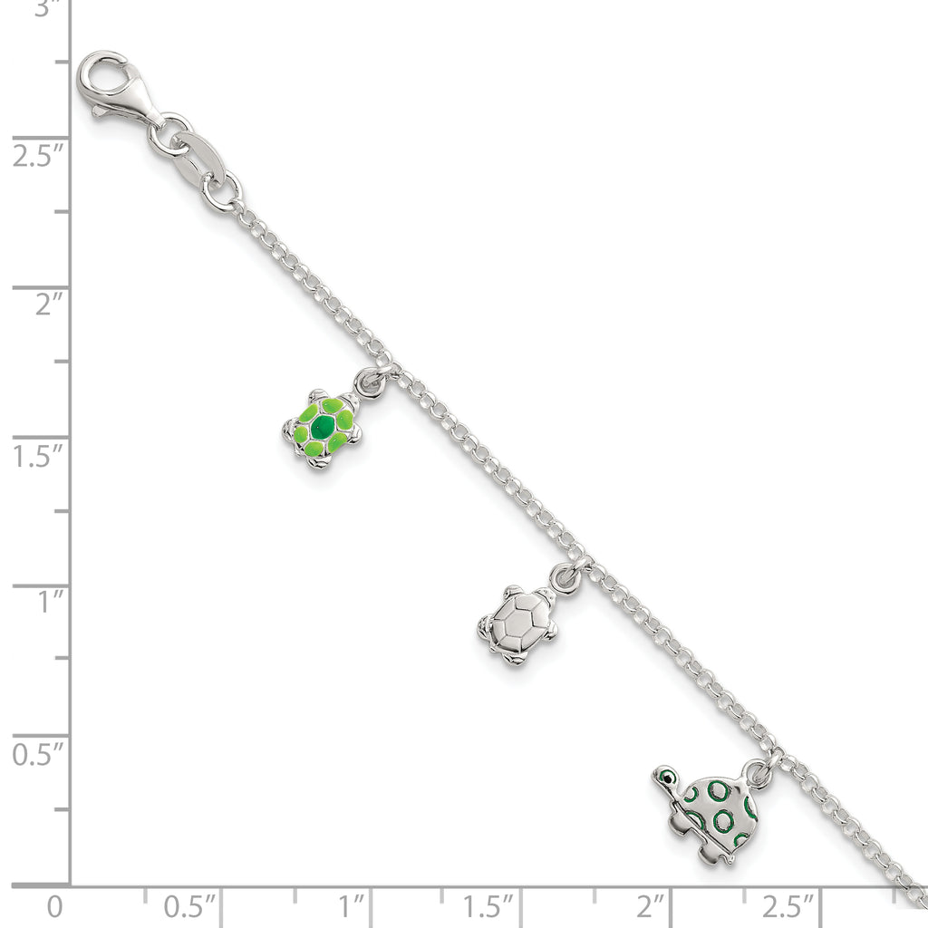 Sterling Silver Polished Green Enamel Turtles Childrens 6 inch Bracelet