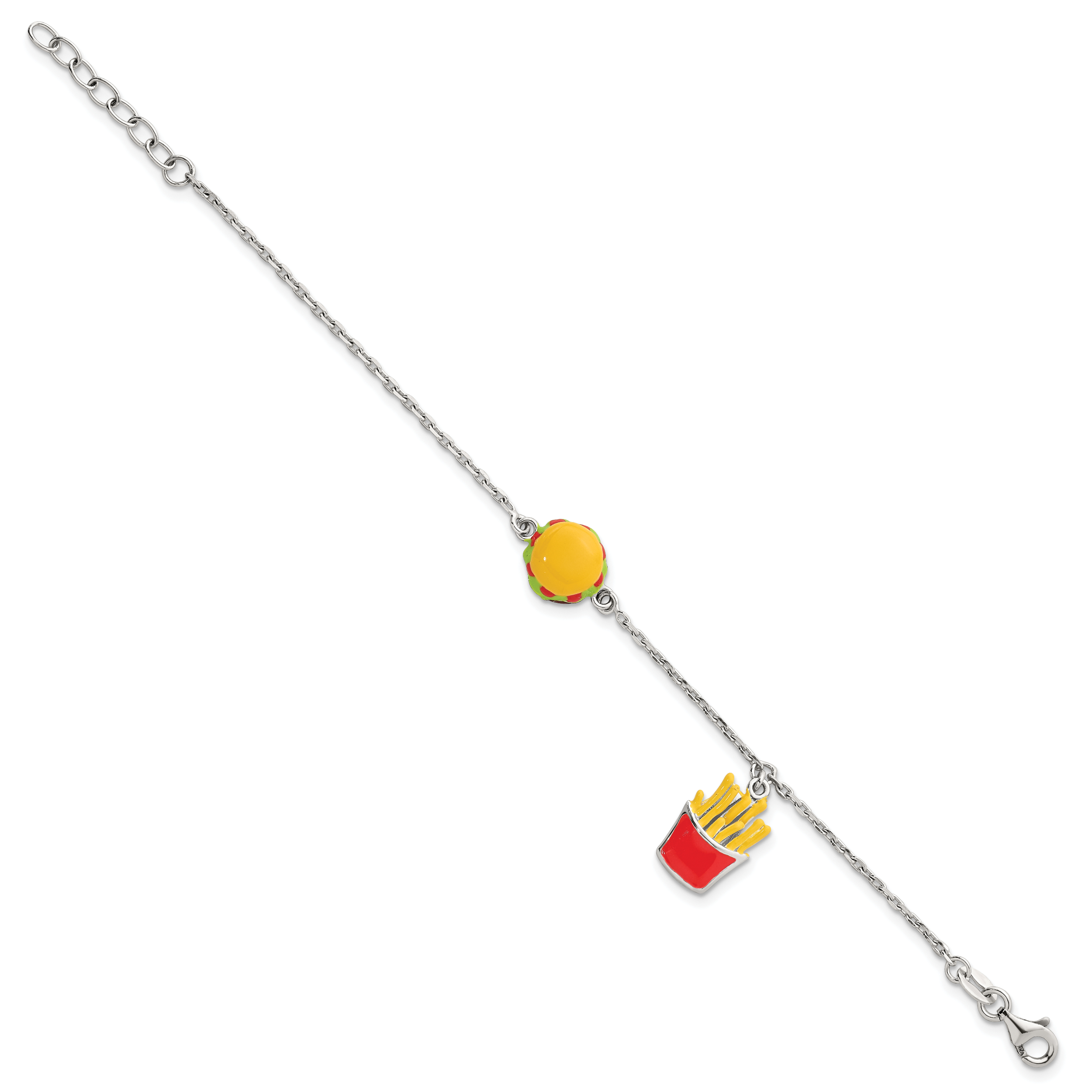 Sterling Silver Polished Multi-colored Enamel Burger and Fries Childrens 6 inch with 1 inch Extension Bracelet Secondary image