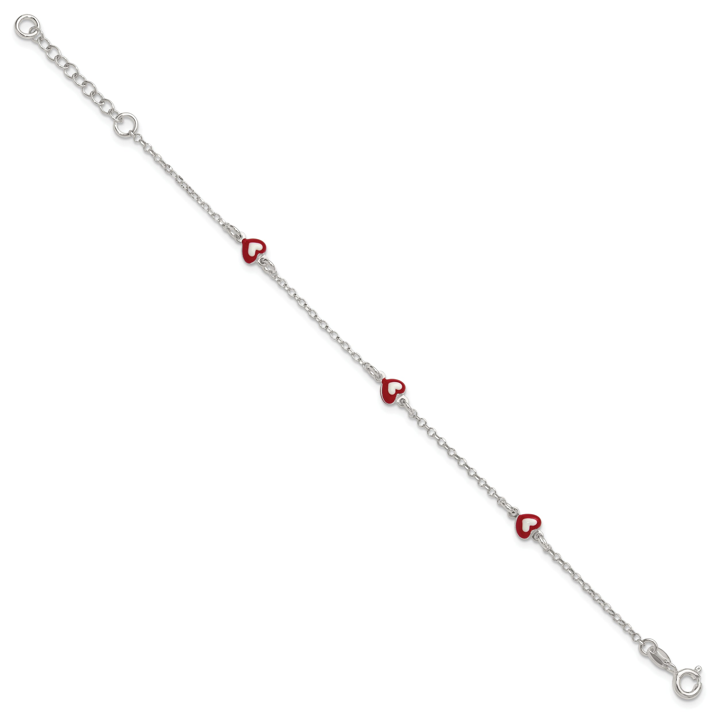 Sterling Silver Polished Red and White Enameled Hearts 6 inch with 1 inch extension Childrens Bracelet