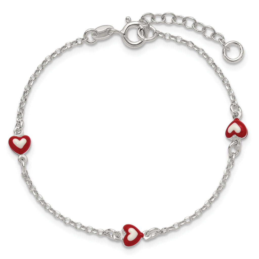 Sterling Silver Polished Red and White Enameled Hearts 6 inch with 1 inch extension Childrens Bracelet