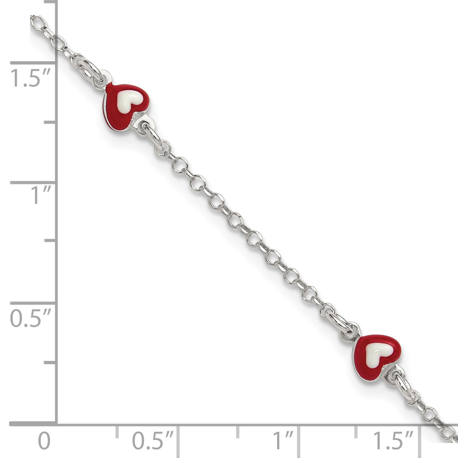 Sterling Silver Polished Red and White Enameled Hearts 6 inch with 1 inch extension Childrens Bracelet