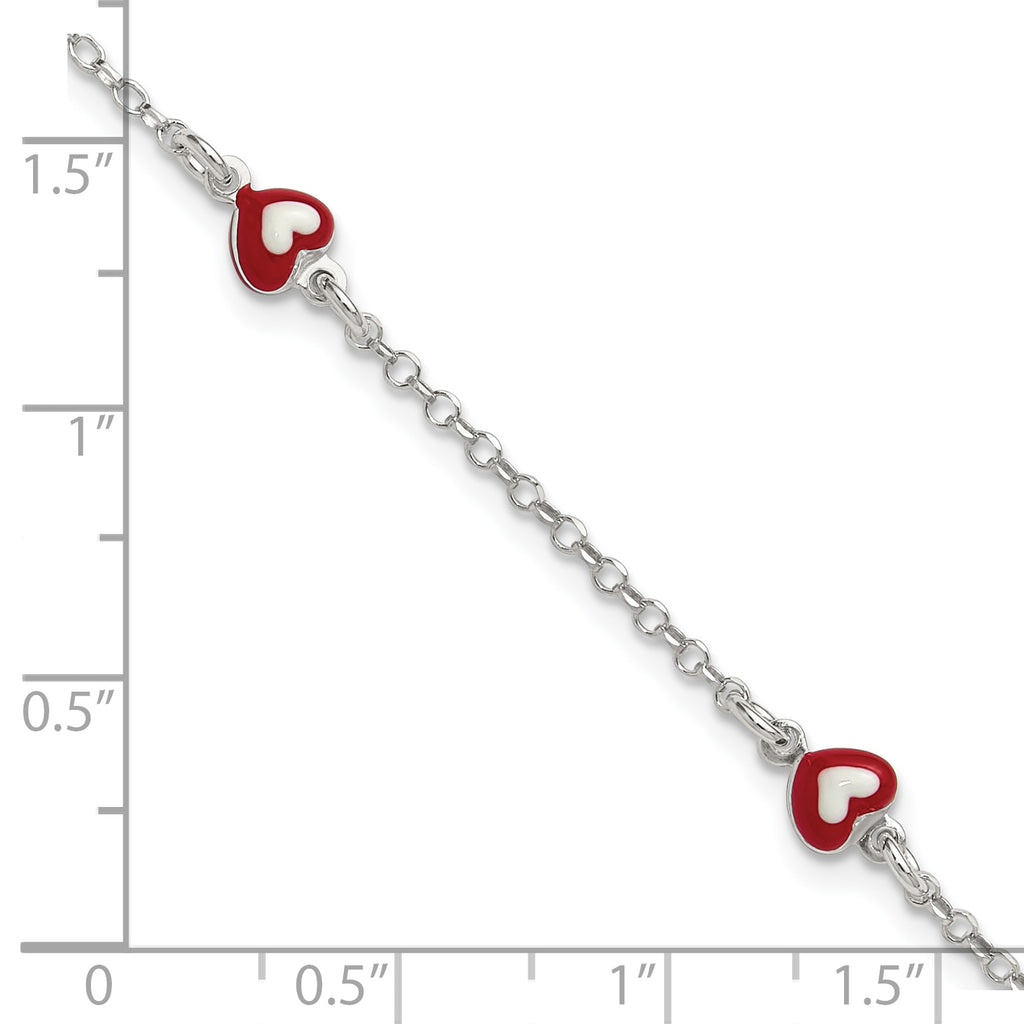 Sterling Silver Polished Red and White Enameled Hearts 6 inch with 1 inch extension Childrens Bracelet