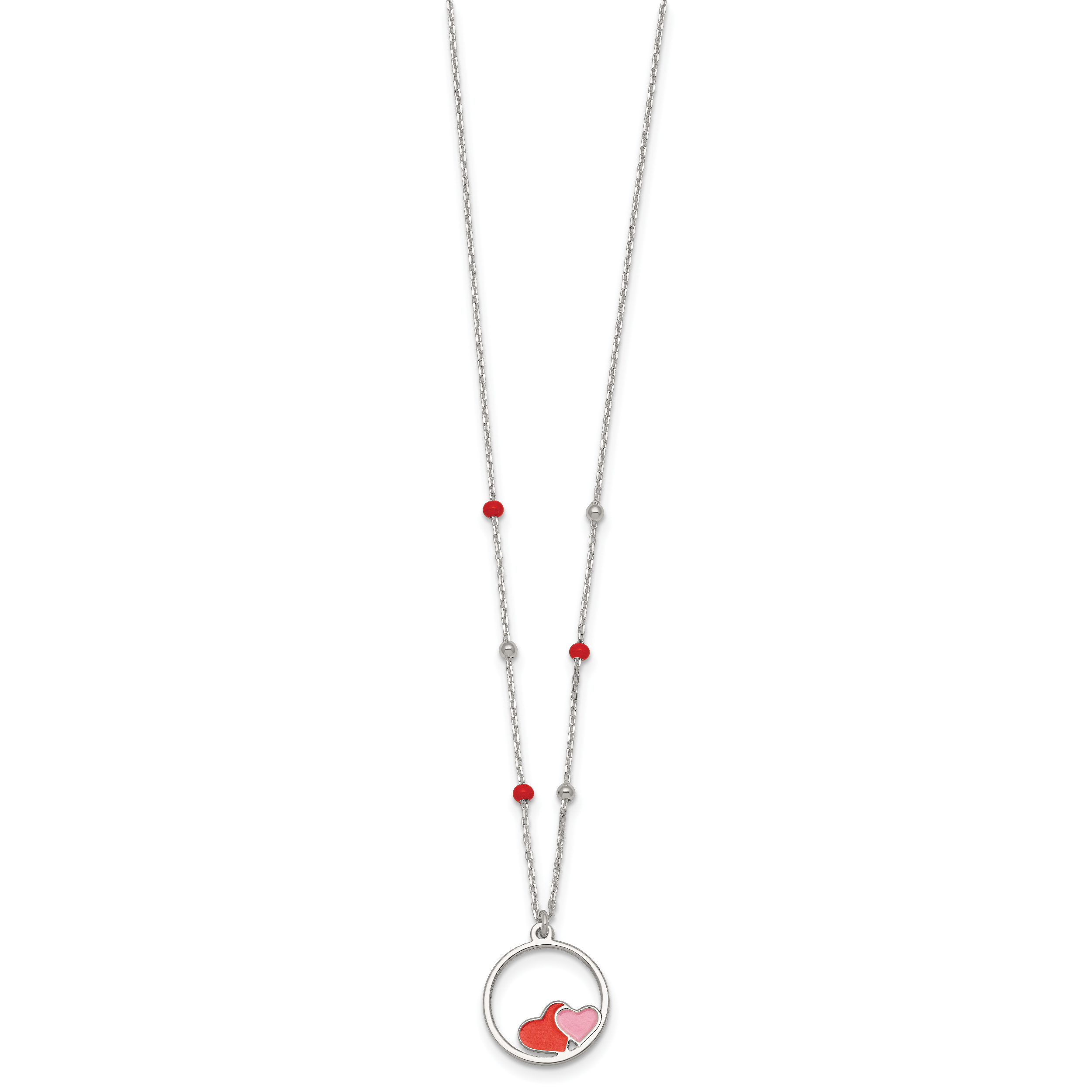Sterling Silver Polished Beaded Red and Pink Enameled Hearts in Circle Childrens 14 inch Necklace Secondary image