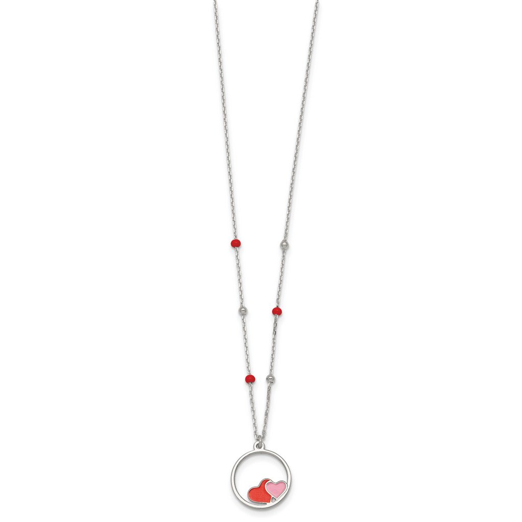 Sterling Silver Polished Beaded Red and Pink Enameled Hearts in Circle Childrens 14 inch Necklace