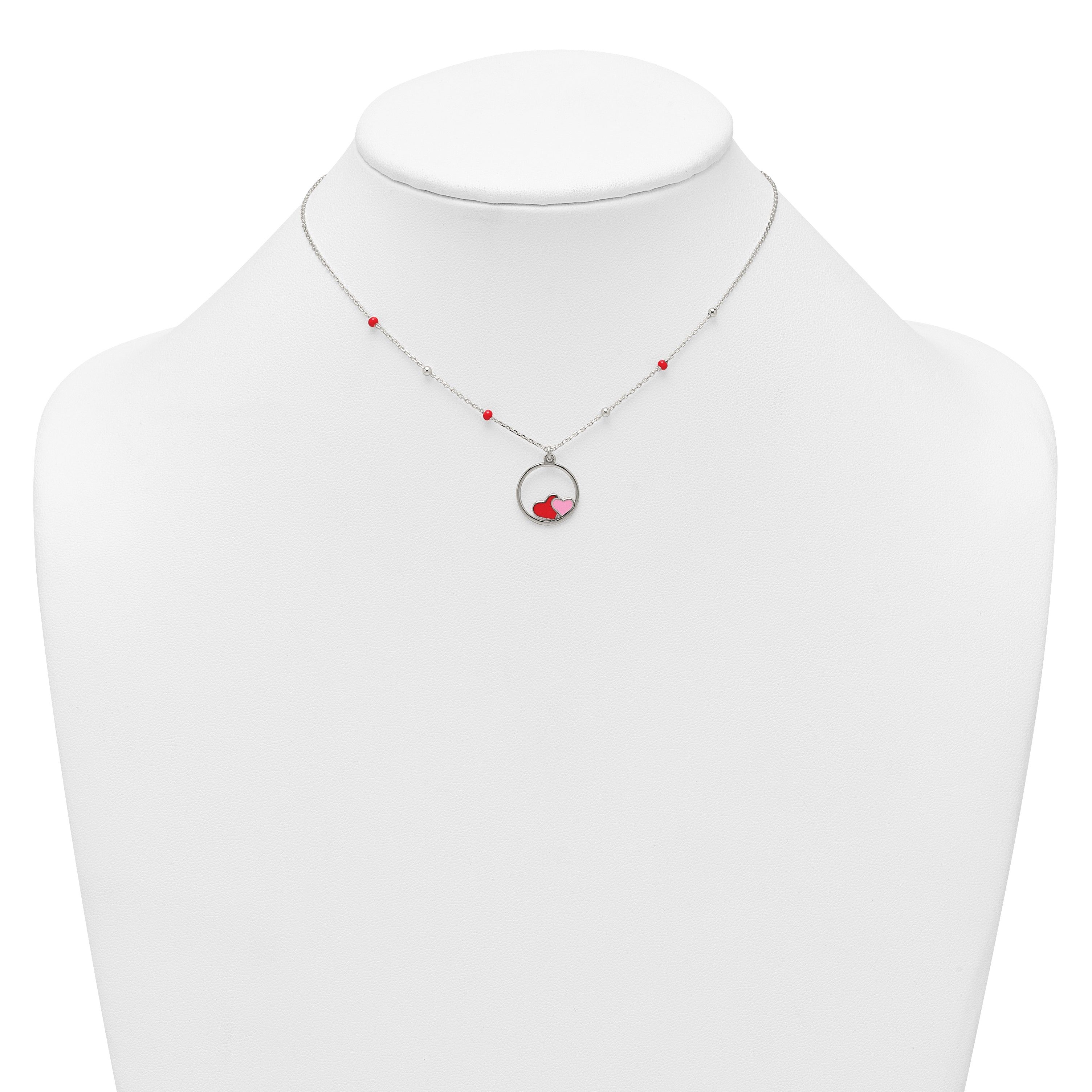 Sterling Silver Polished Beaded Red and Pink Enameled Hearts in Circle Childrens 14 inch Necklace