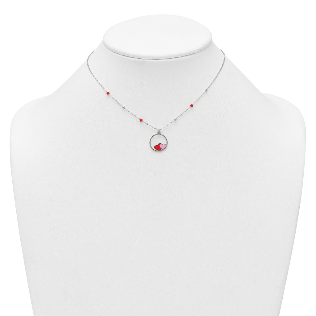 Sterling Silver Polished Beaded Red and Pink Enameled Hearts in Circle Childrens 14 inch Necklace