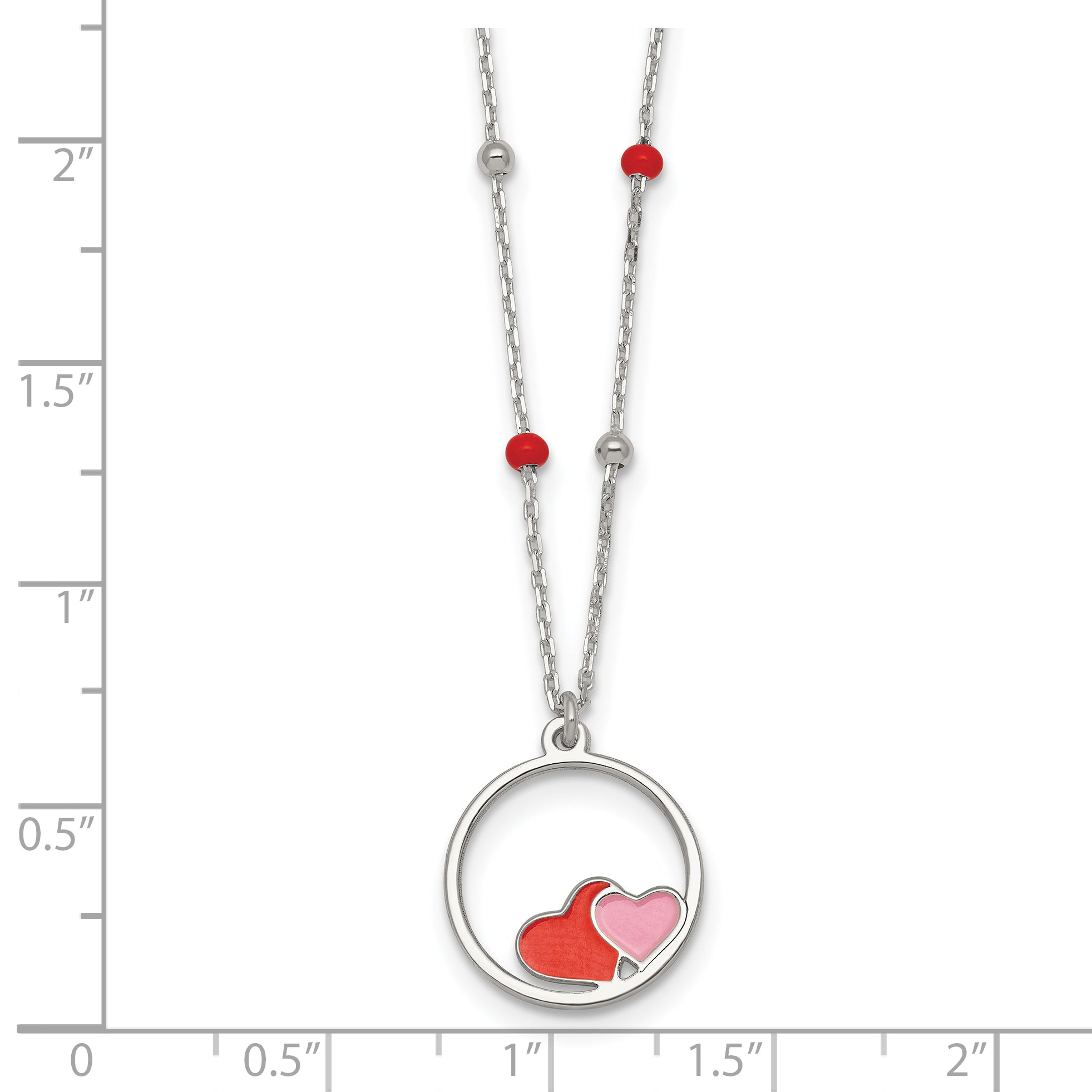 Sterling Silver Polished Beaded Red and Pink Enameled Hearts in Circle Childrens 14 inch Necklace