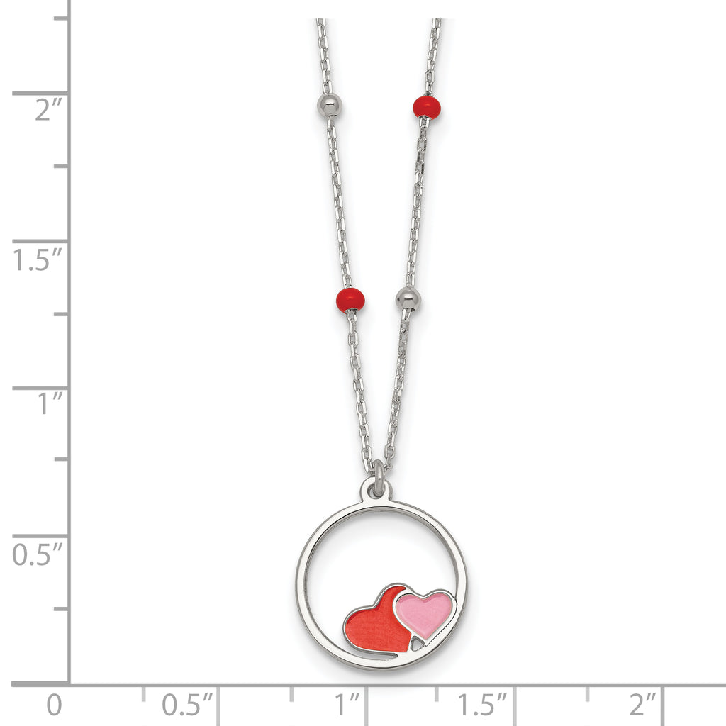 Sterling Silver Polished Beaded Red and Pink Enameled Hearts in Circle Childrens 14 inch Necklace