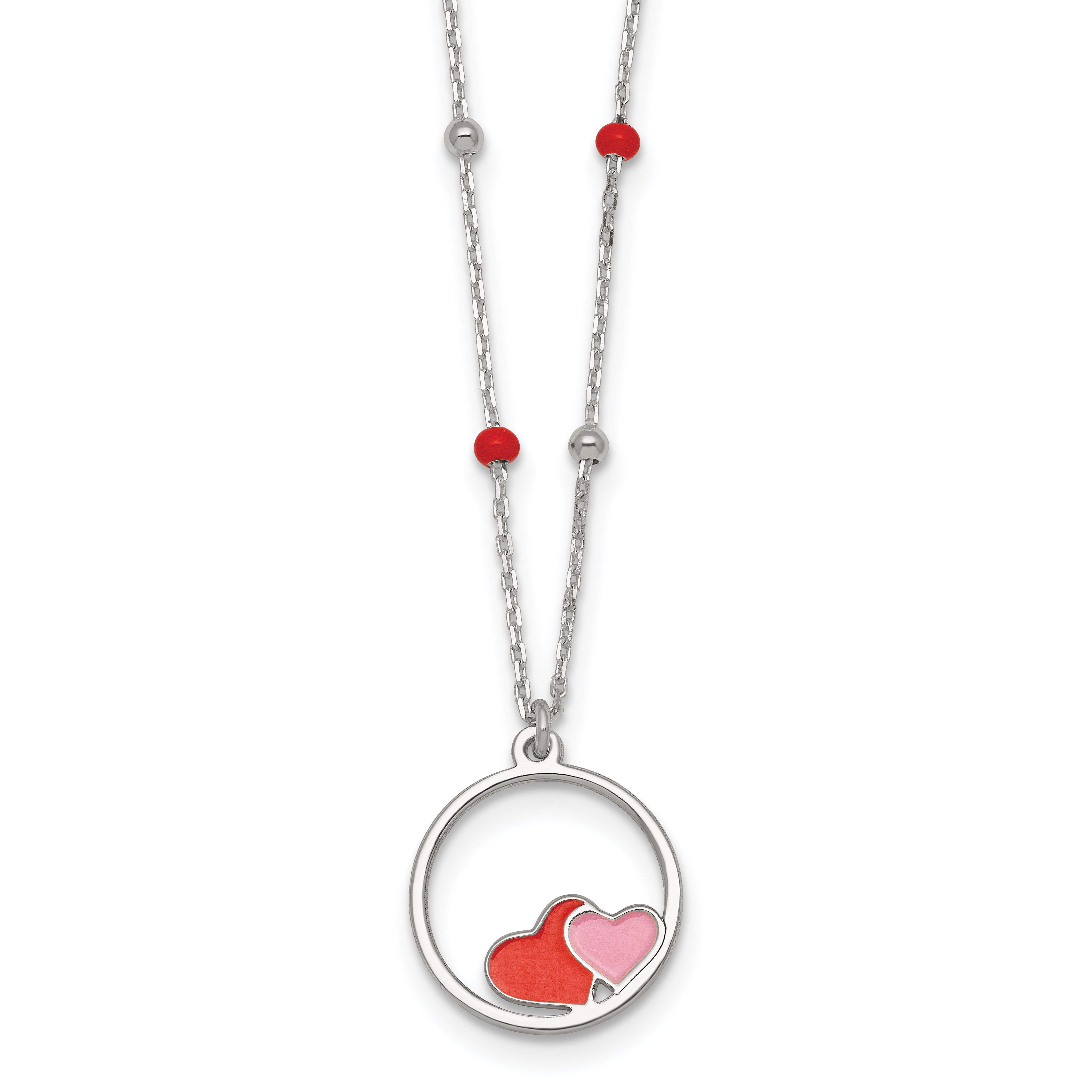 Sterling Silver Polished Beaded Red and Pink Enameled Hearts in Circle Childrens 14 inch Necklace Main image