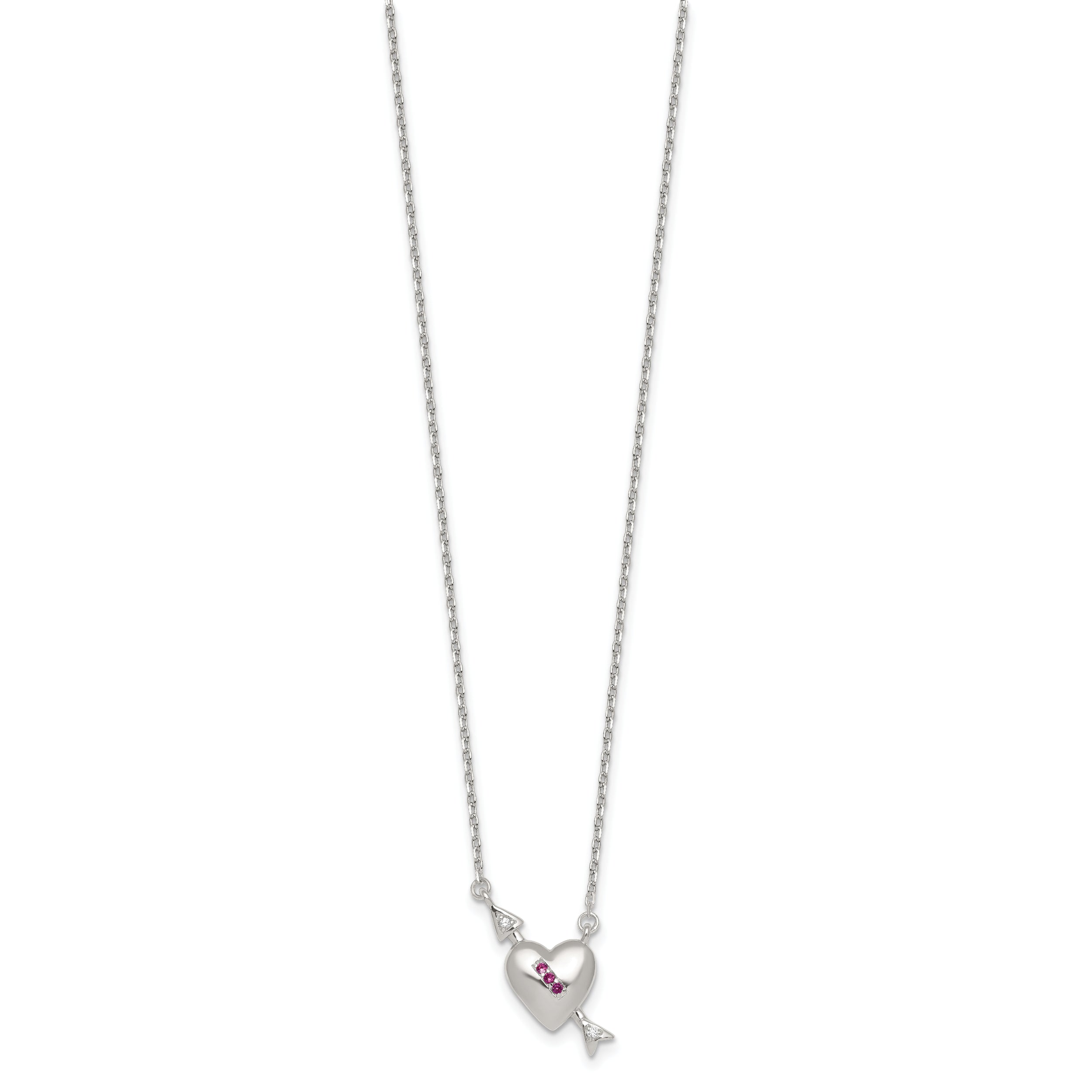 Sterling Silver Polished Pink and White CZ Heart and Arrow 16 inch with 2 inch Extension Necklace
