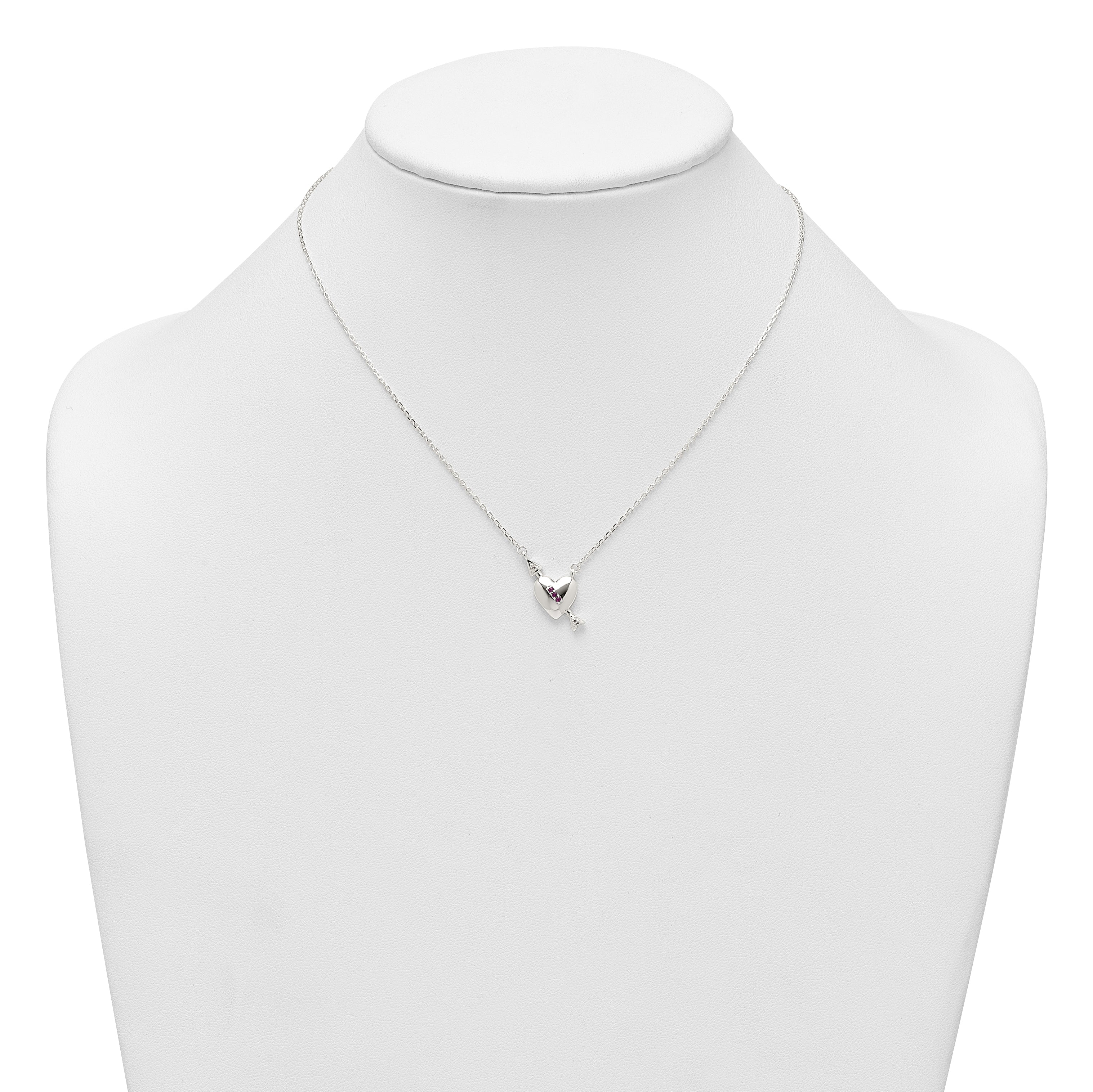 Sterling Silver Polished Pink and White CZ Heart and Arrow 16 inch with 2 inch Extension Necklace