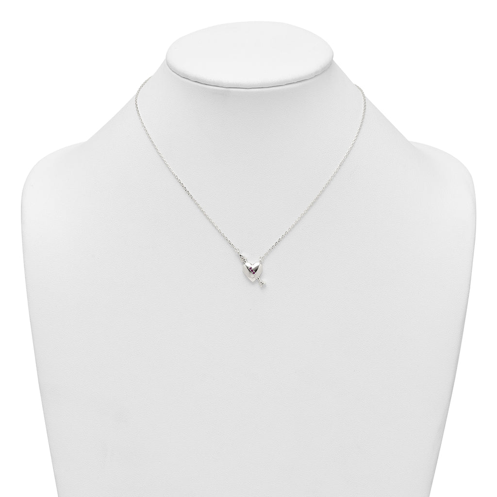 Sterling Silver Polished Pink and White CZ Heart and Arrow 16 inch with 2 inch Extension Necklace