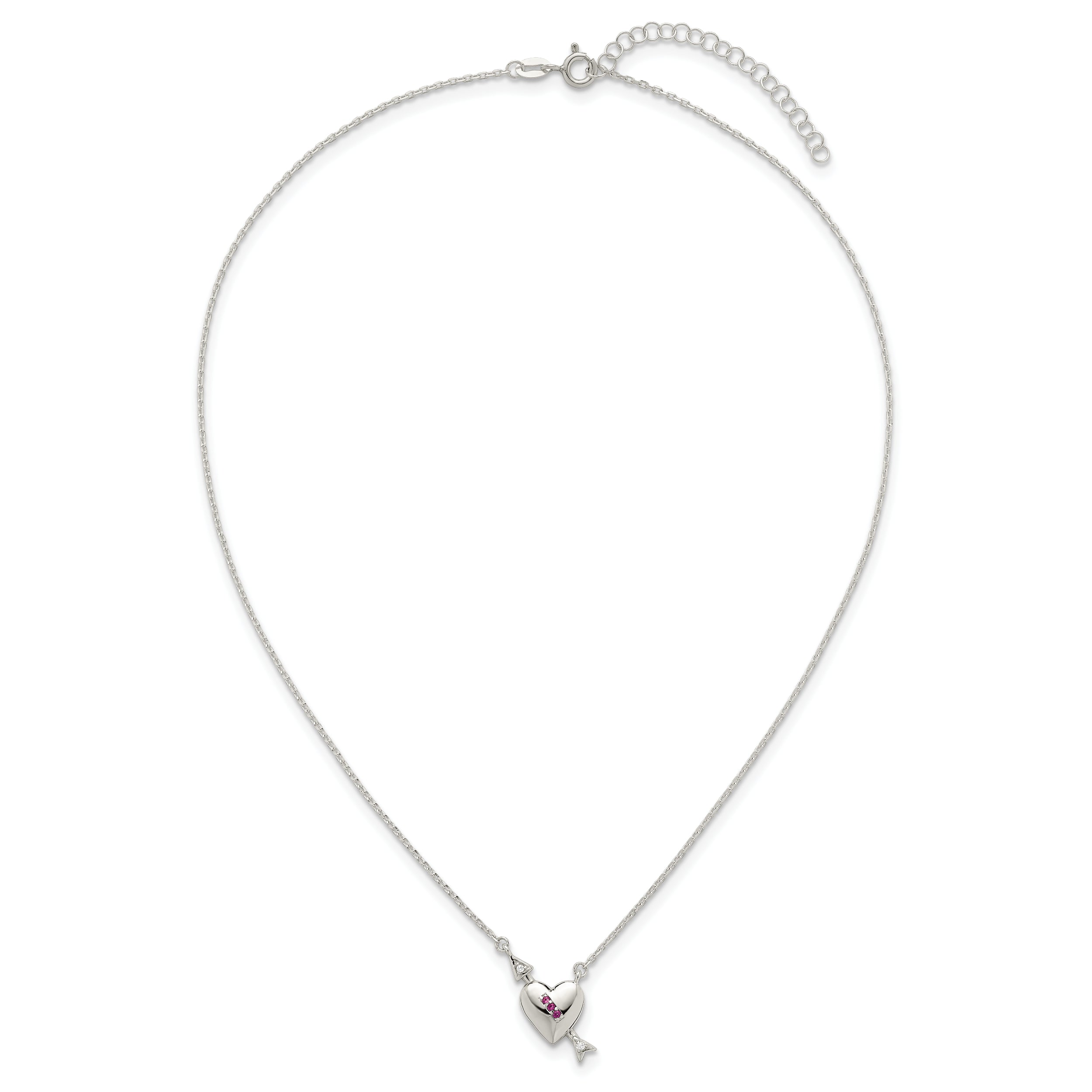 Sterling Silver Polished Pink and White CZ Heart and Arrow 16 inch with 2 inch Extension Necklace