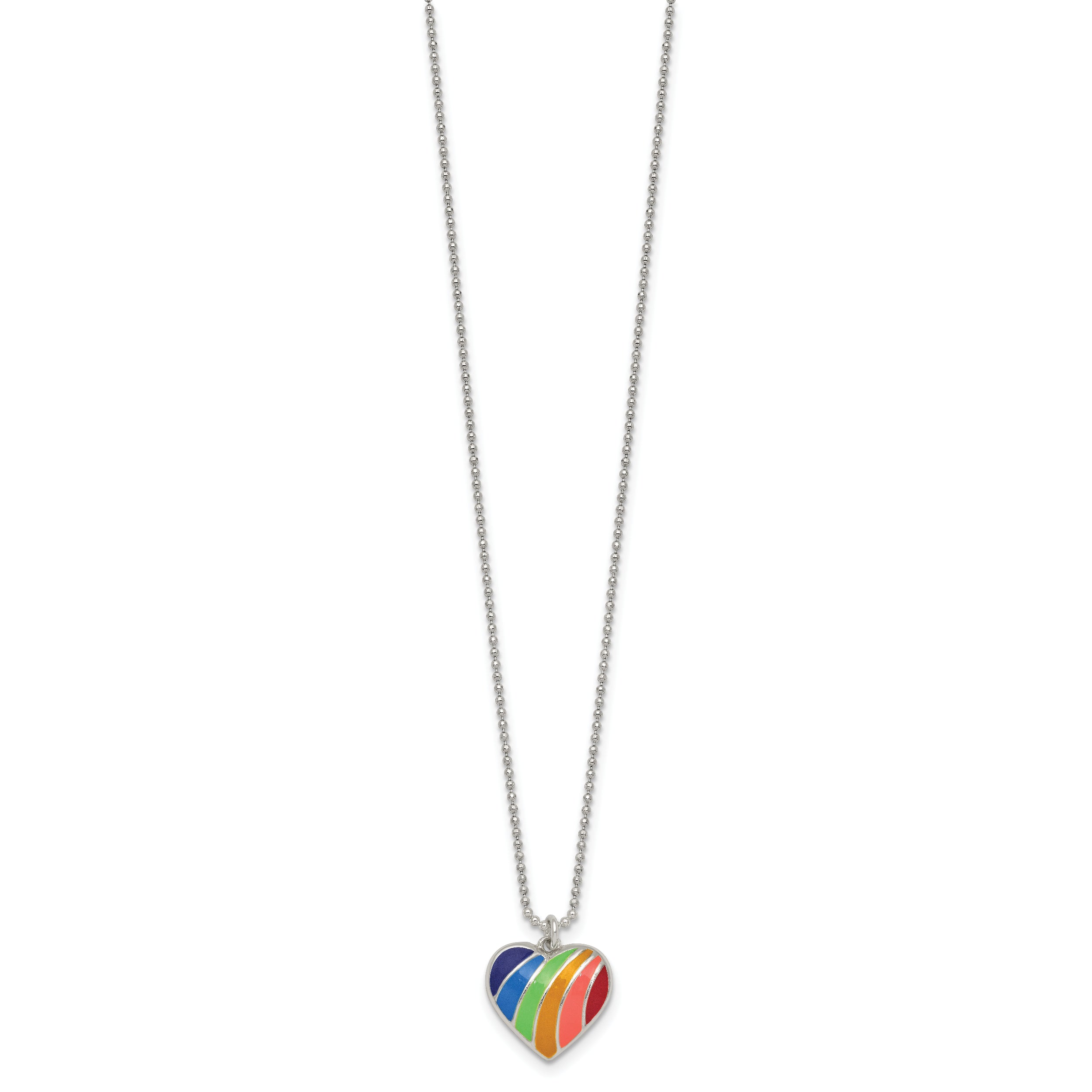 Sterling Silver Polished Rainbow Enameled Heart 16 inch Necklace