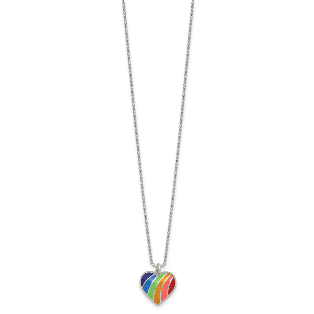 Sterling Silver Polished Rainbow Enameled Heart 16 inch Necklace