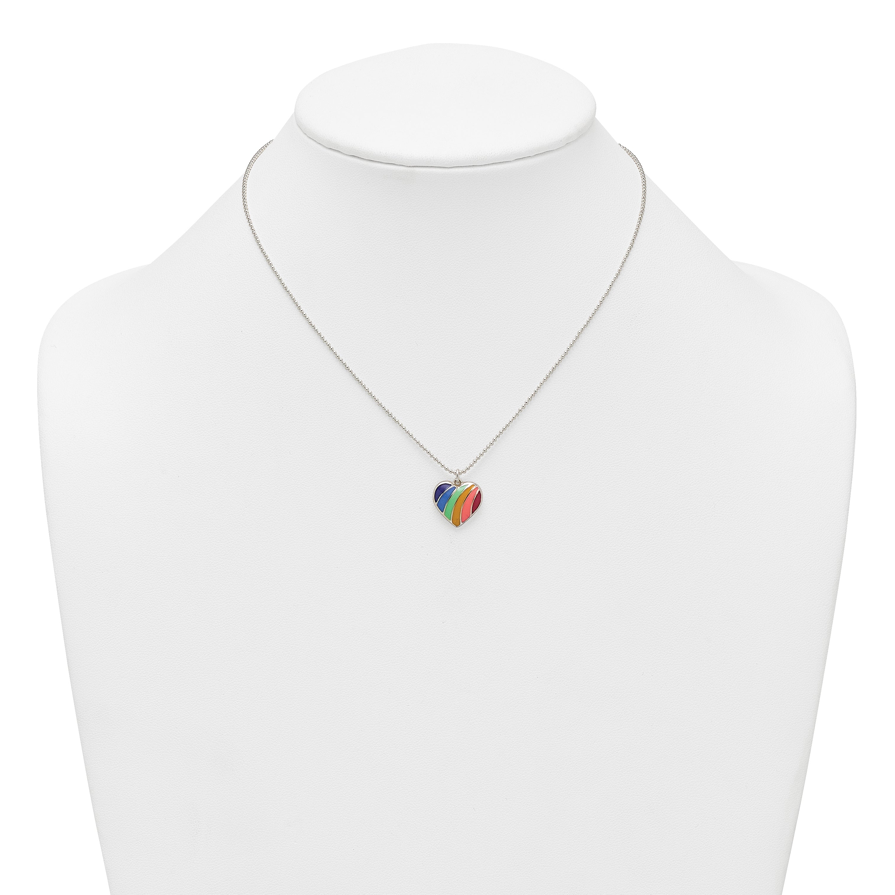 Sterling Silver Polished Rainbow Enameled Heart 16 inch Necklace