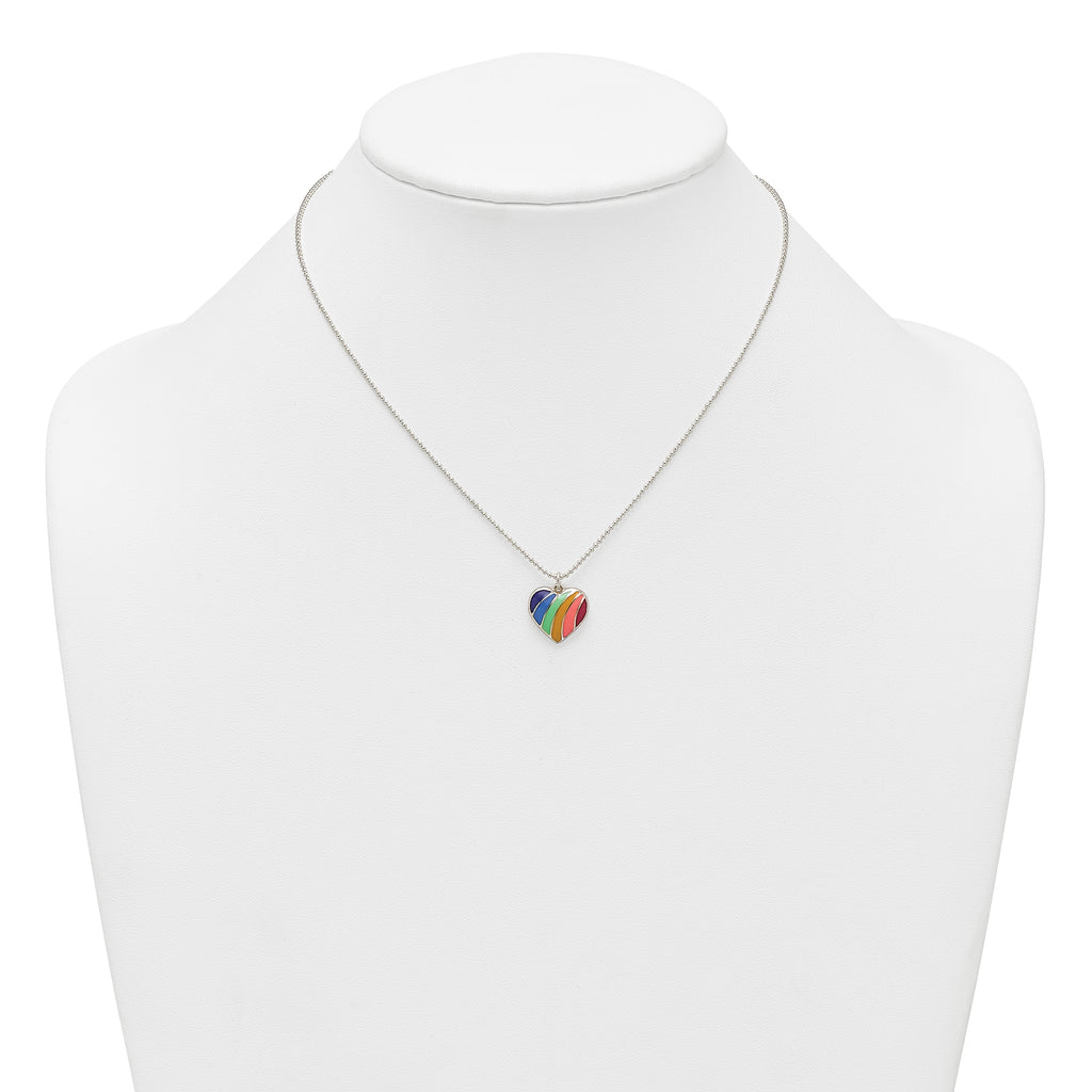 Sterling Silver Polished Rainbow Enameled Heart 16 inch Necklace