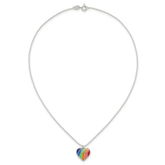 Sterling Silver Polished Rainbow Enameled Heart 16 inch Necklace