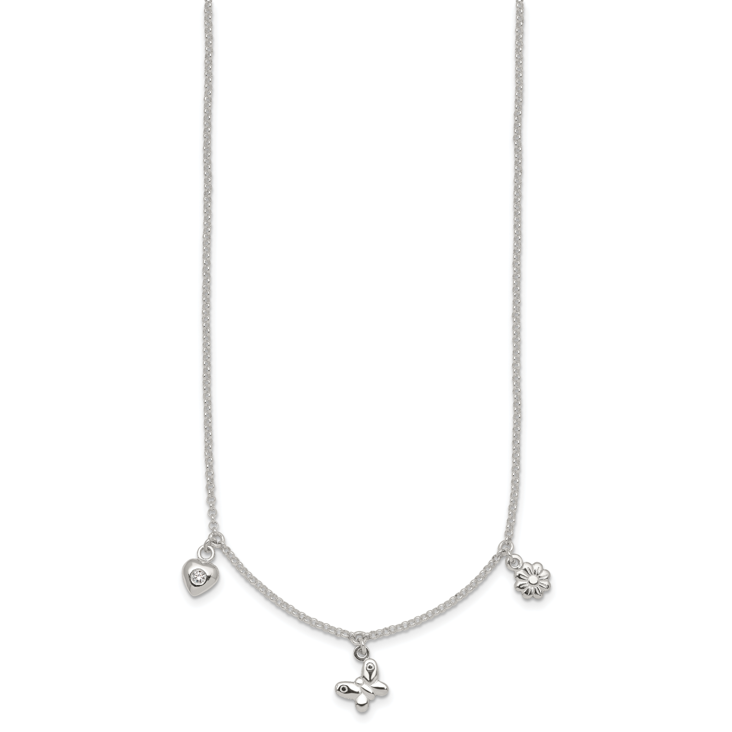 Sterling Silver Polished White CZ Heart/Flower/Butterfly Childrens 14 inch with 1 inch Extension Necklace Secondary image