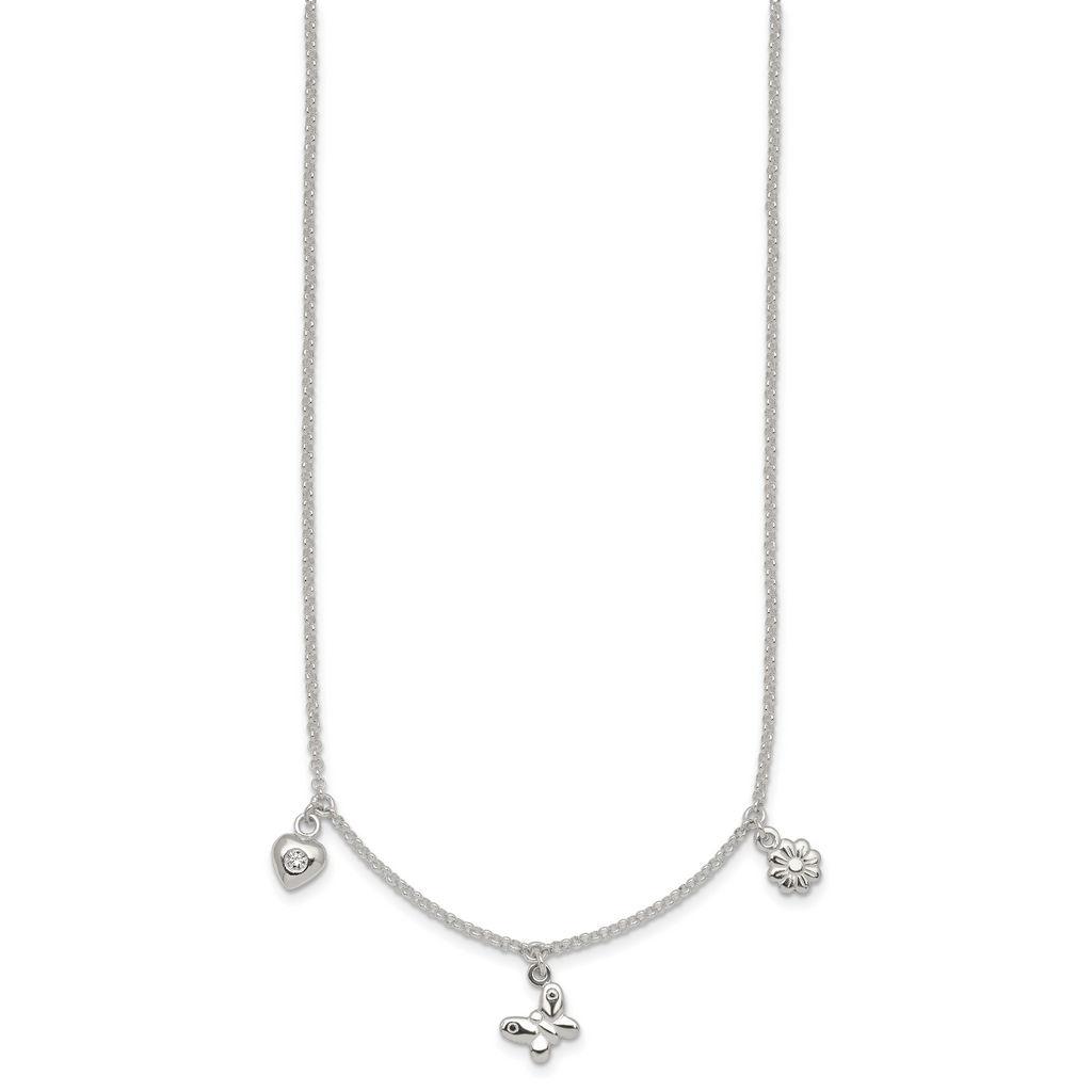 Sterling Silver Polished White CZ Heart/Flower/Butterfly Childrens 14 inch with 1 inch Extension Necklace