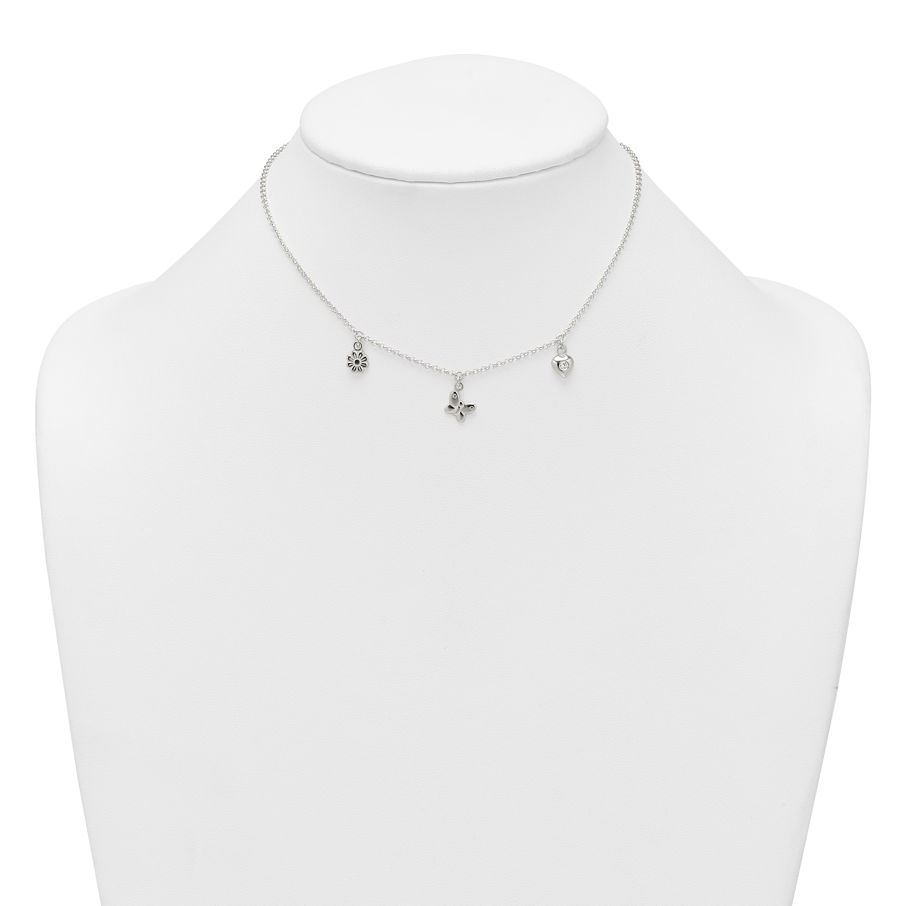 Sterling Silver Polished White CZ Heart/Flower/Butterfly Childrens 14 inch with 1 inch Extension Necklace