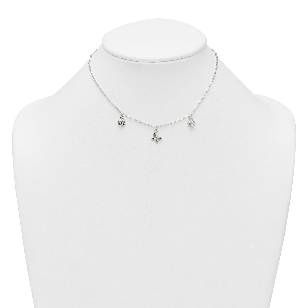 Sterling Silver Polished White CZ Heart/Flower/Butterfly Childrens 14 inch with 1 inch Extension Necklace