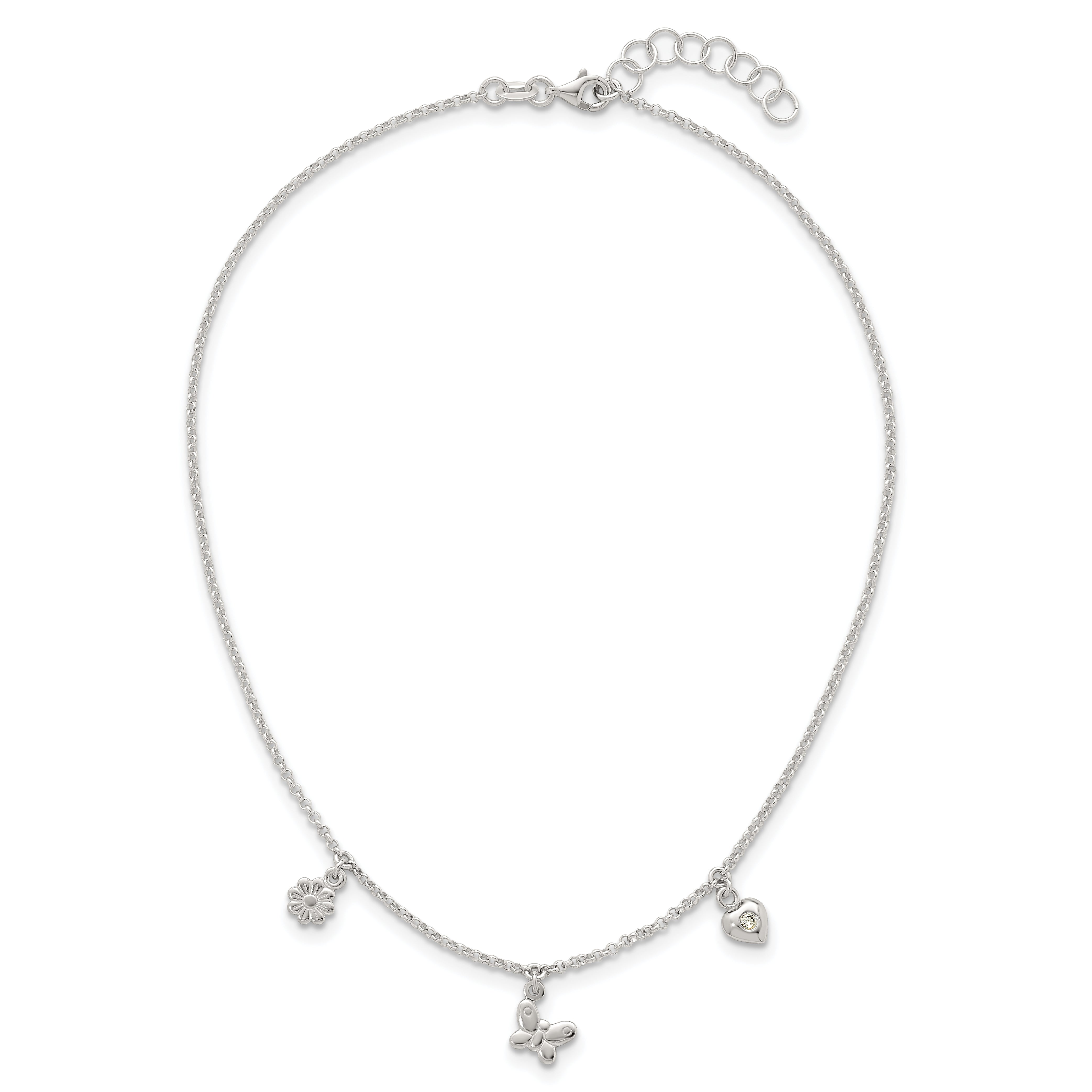 Sterling Silver Polished White CZ Heart/Flower/Butterfly Childrens 14 inch with 1 inch Extension Necklace