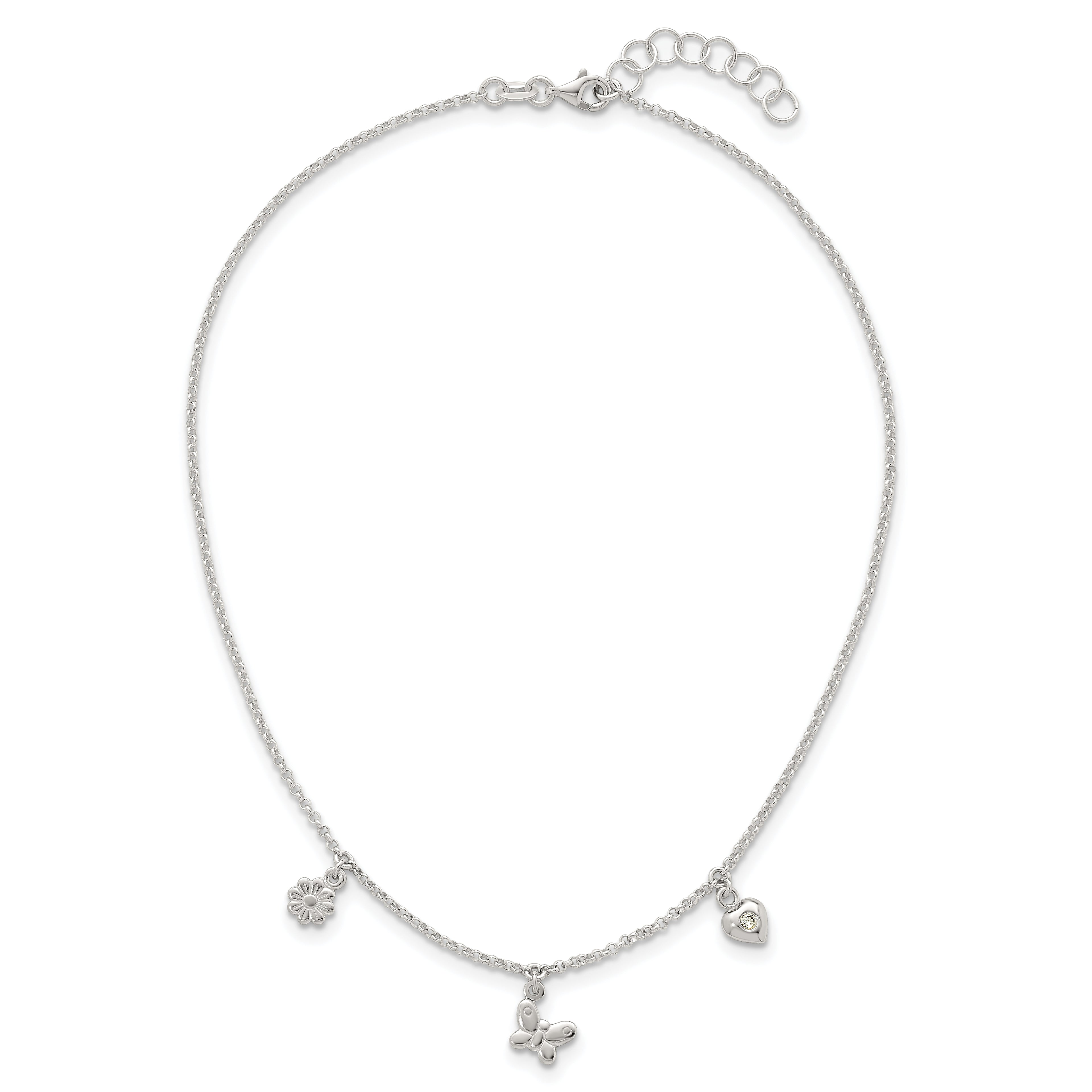 Sterling Silver Polished White CZ Heart/Flower/Butterfly Childrens 14 inch with 1 inch Extension Necklace