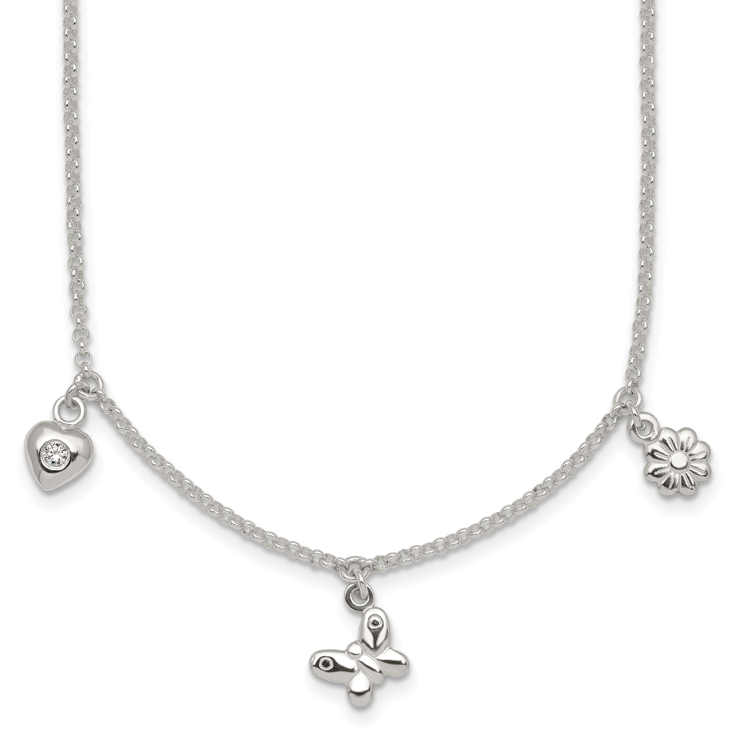 Sterling Silver Polished White CZ Heart/Flower/Butterfly Childrens 14 inch with 1 inch Extension Necklace Main image
