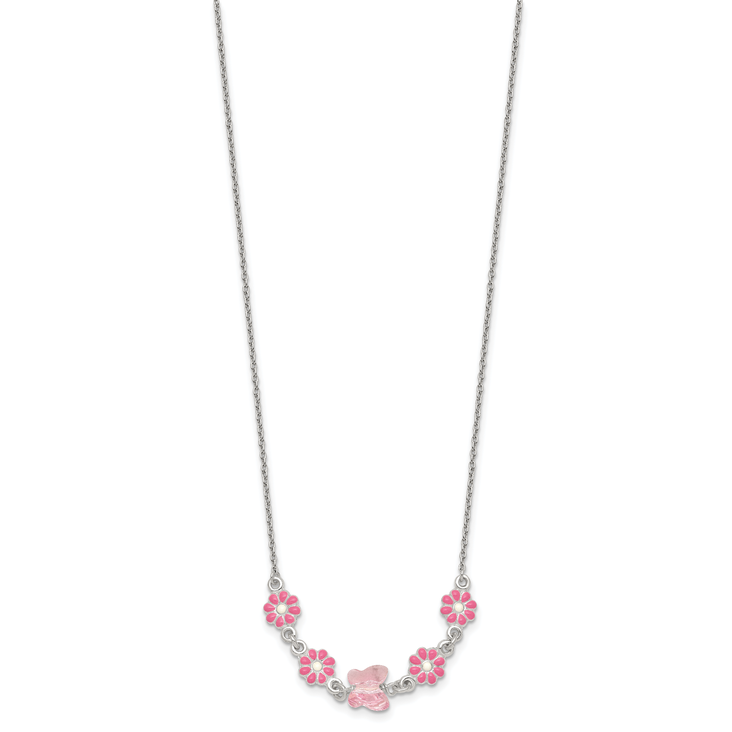 Sterling Silver Polished Pink Enameled Flowers and Pink Glass Butterfly Childrens 14 inch Necklace Secondary image