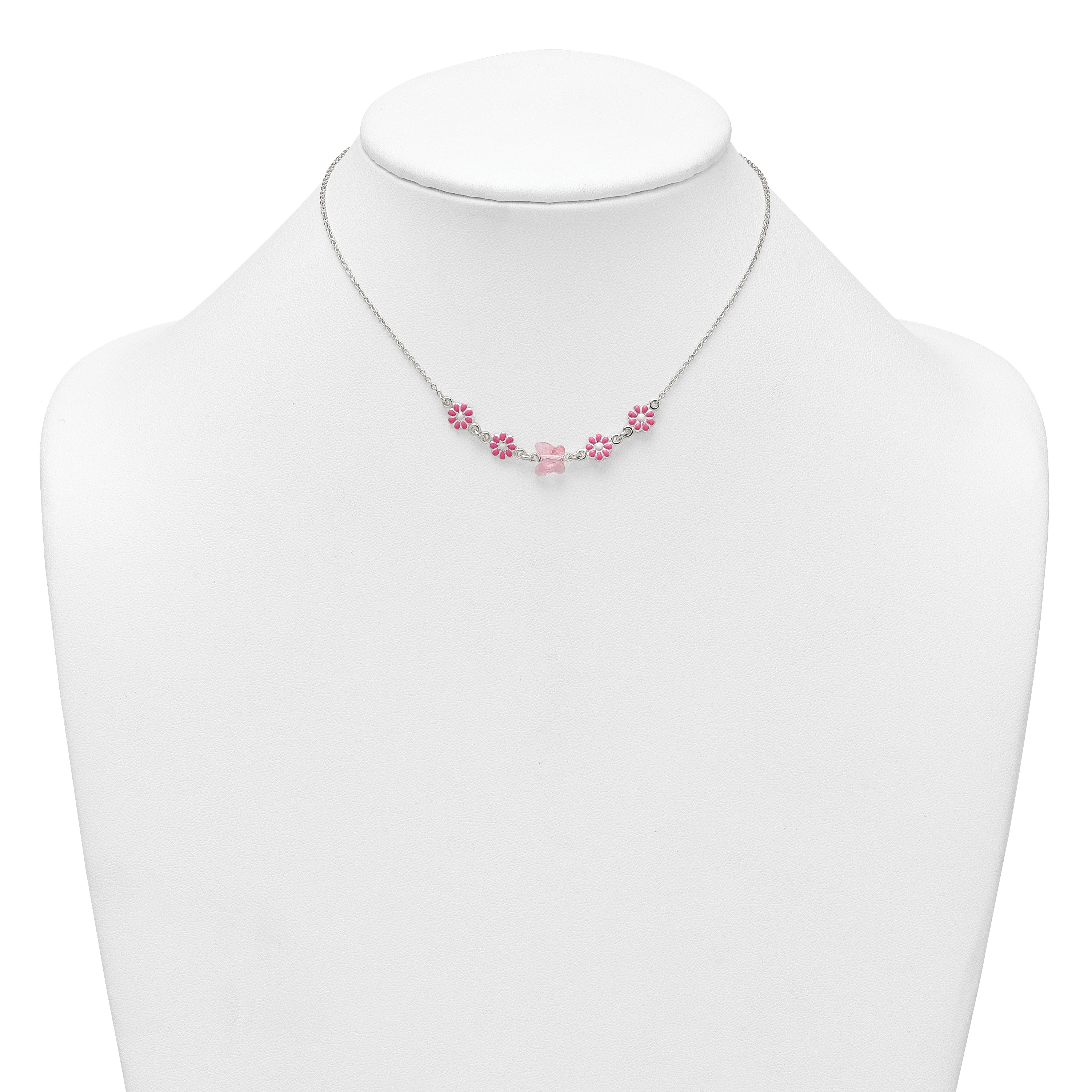 Sterling Silver Polished Pink Enameled Flowers and Pink Glass Butterfly Childrens 14 inch Necklace