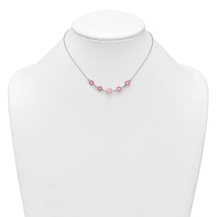 Sterling Silver Polished Pink Enameled Flowers and Pink Glass Butterfly Childrens 14 inch Necklace