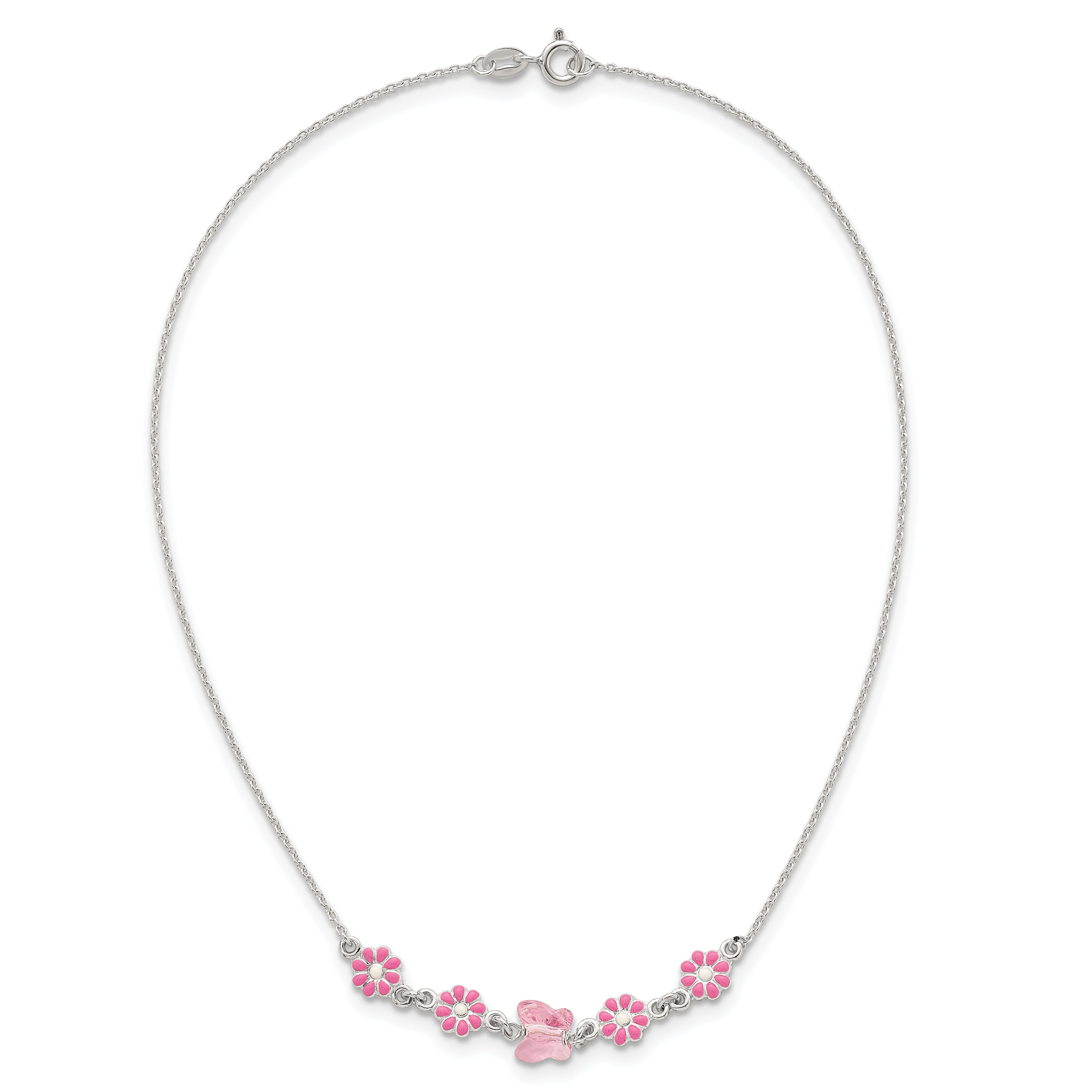 Sterling Silver Polished Pink Enameled Flowers and Pink Glass Butterfly Childrens 14 inch Necklace
