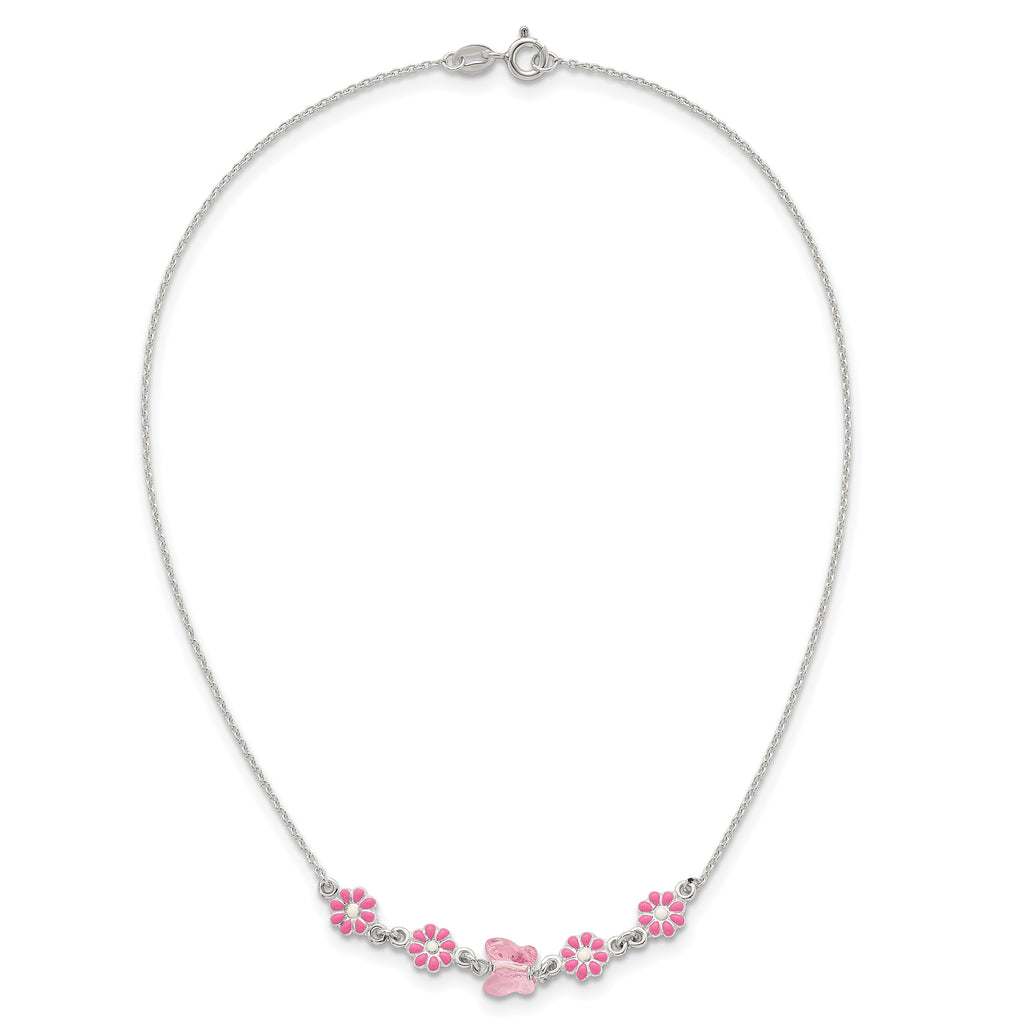 Sterling Silver Polished Pink Enameled Flowers and Pink Glass Butterfly Childrens 14 inch Necklace