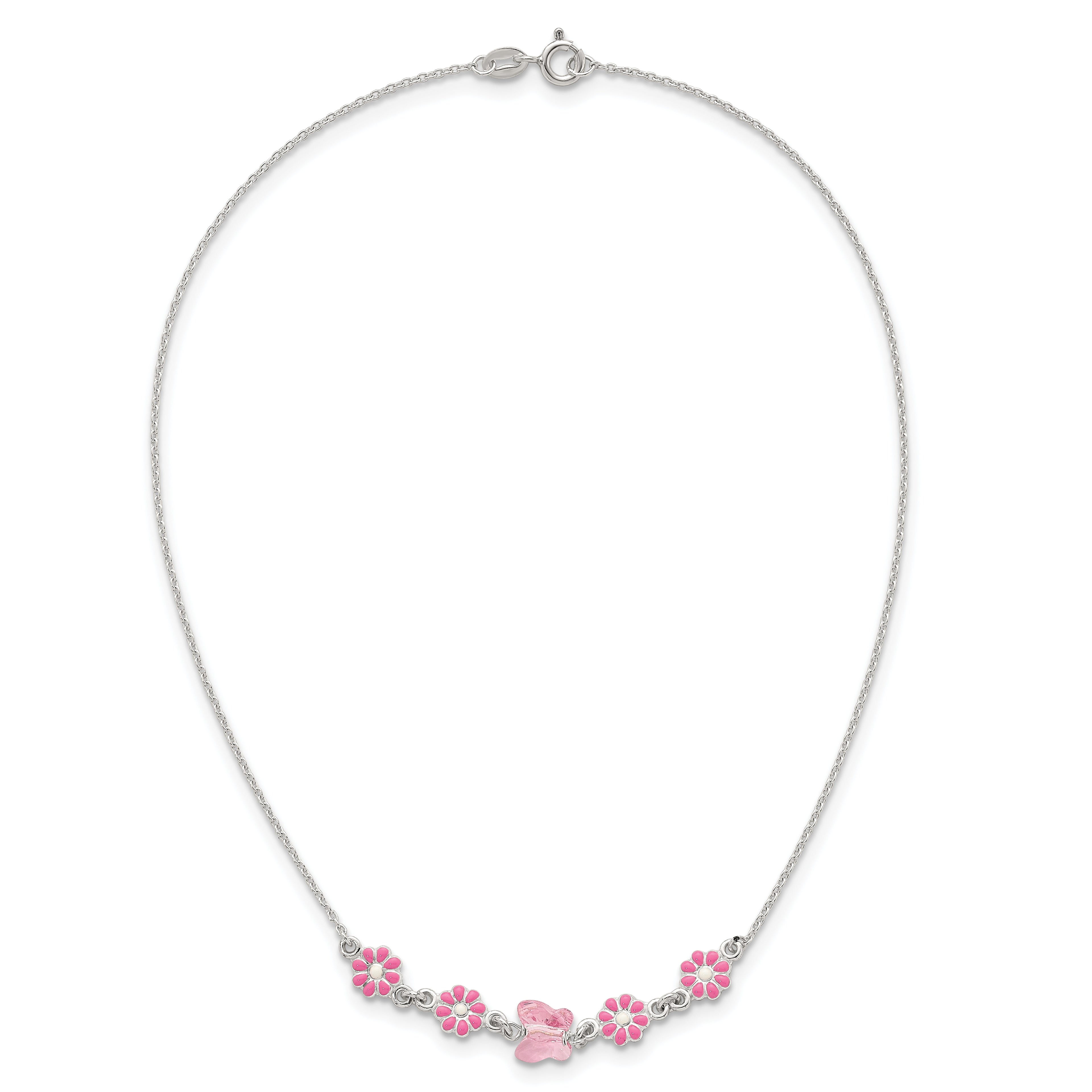 Sterling Silver Polished Pink Enameled Flowers and Pink Glass Butterfly Childrens 14 inch Necklace