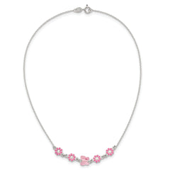 Sterling Silver Polished Pink Enameled Flowers and Pink Glass Butterfly Childrens 14 inch Necklace