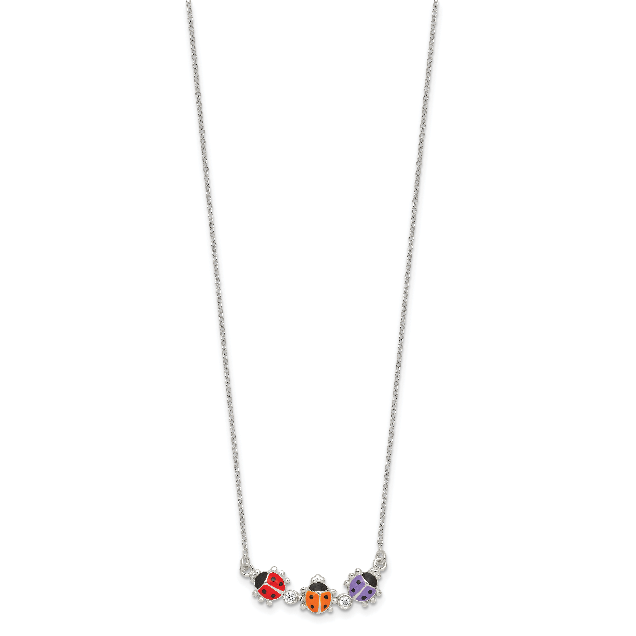 Sterling Silver Polished White CZ with Red/Orange/Purple Enameled Multicolor Ladybugs Childrens 14 inch Necklace Secondary image