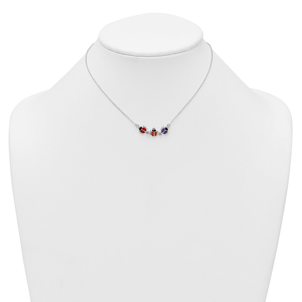 Sterling Silver Polished White CZ with Red/Orange/Purple Enameled Multicolor Ladybugs Childrens 14 inch Necklace