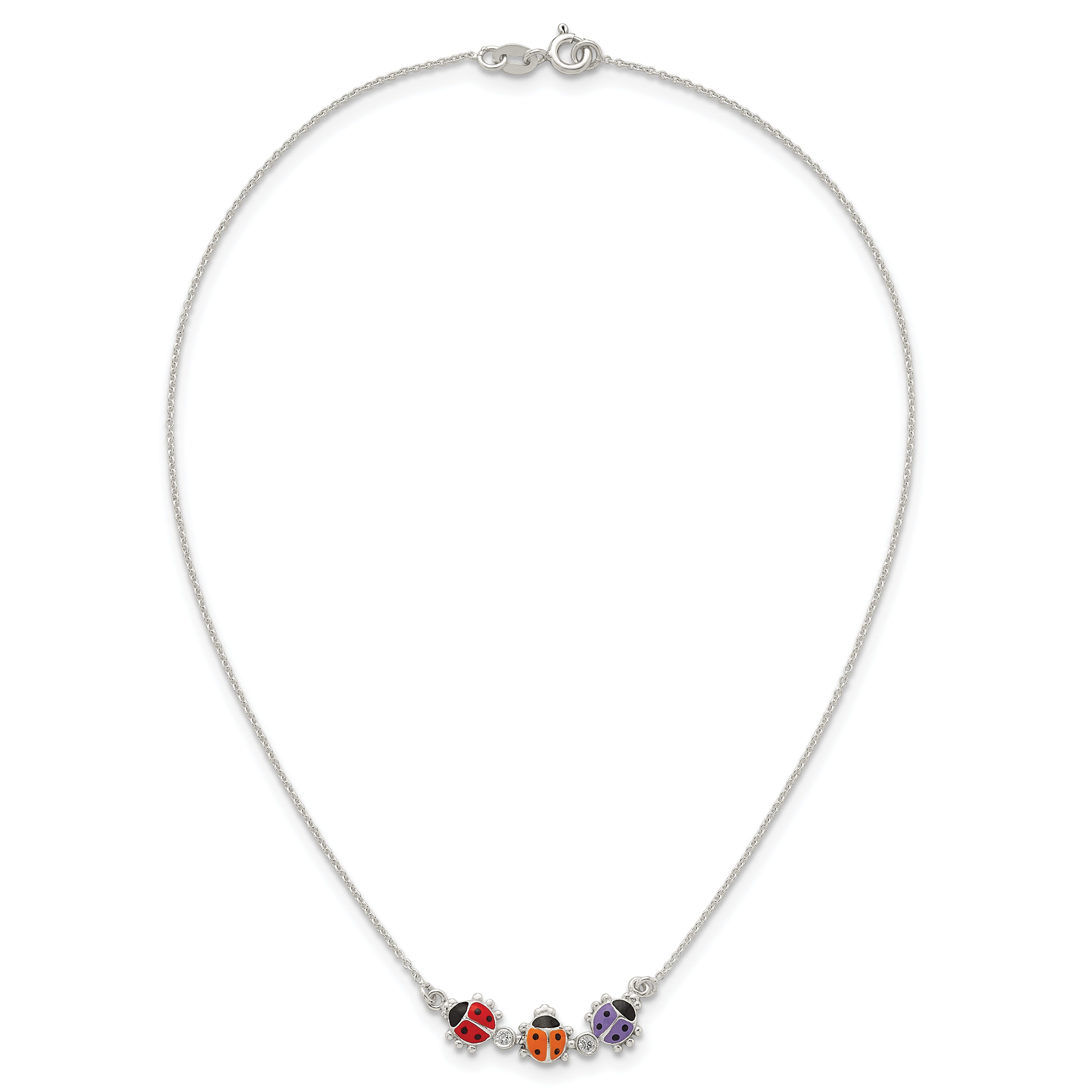 Sterling Silver Polished White CZ with Red/Orange/Purple Enameled Multicolor Ladybugs Childrens 14 inch Necklace