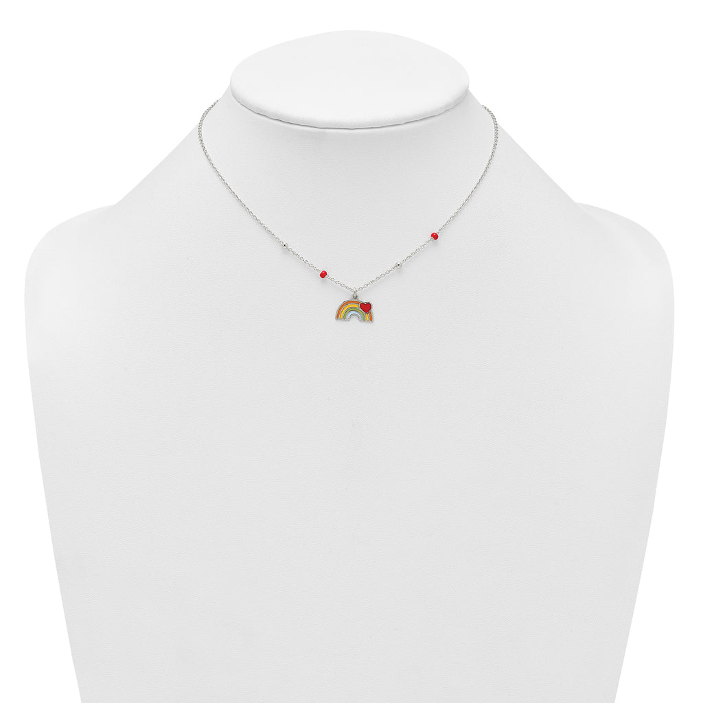 Sterling Silver Polished Beaded Enameled Heart on Rainbow Childrens 14 inch Necklace