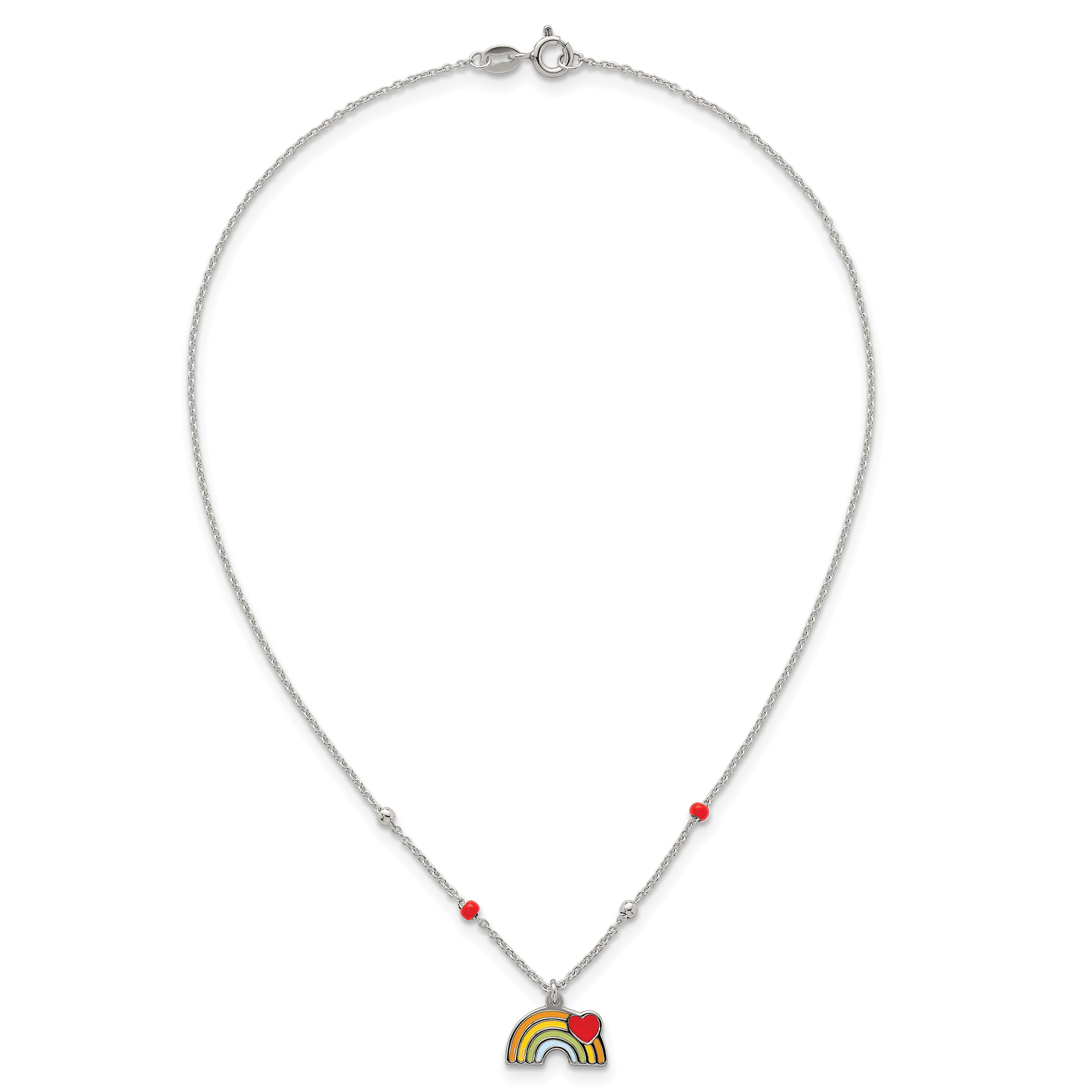 Sterling Silver Polished Beaded Enameled Heart on Rainbow Childrens 14 inch Necklace