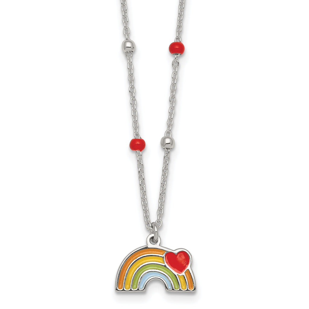 Sterling Silver Polished Beaded Enameled Heart on Rainbow Childrens 14 inch Necklace