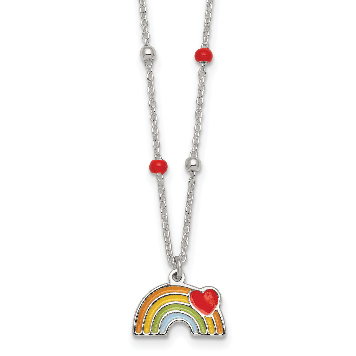 Sterling Silver Polished Beaded Enameled Heart on Rainbow Childrens 14 inch Necklace