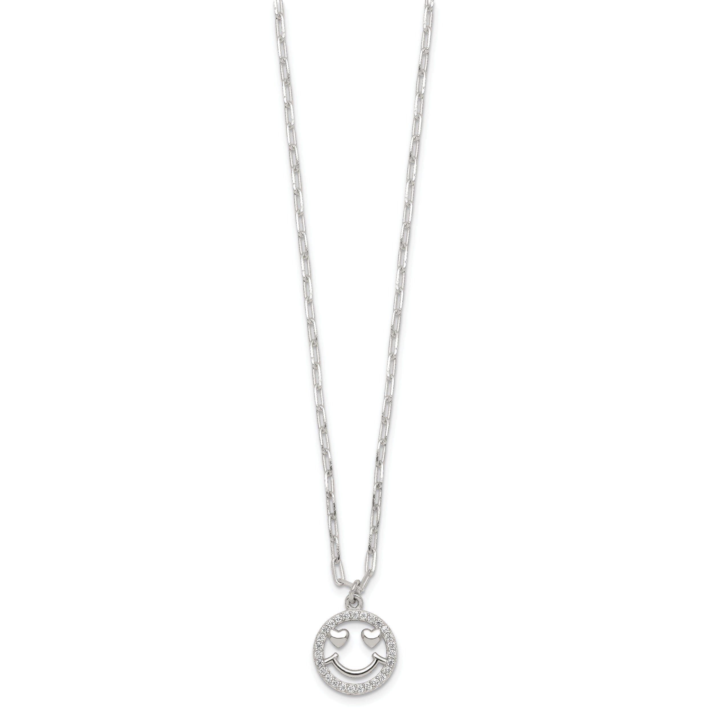 Sterling Silver Polished White CZ Smiley Face with Heart Eyes 16 inch Necklace