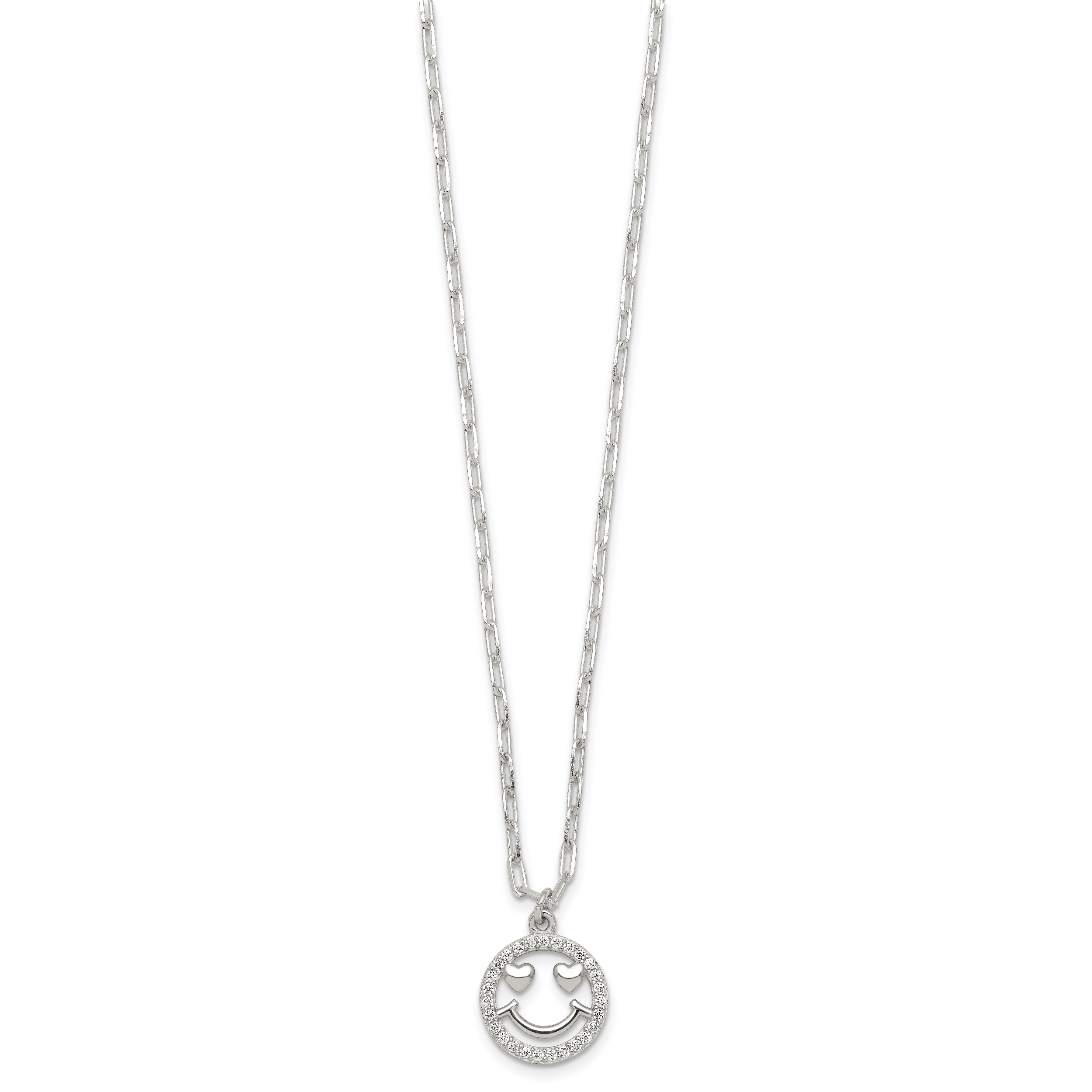 Sterling Silver Polished White CZ Smiley Face with Heart Eyes 16 inch Necklace