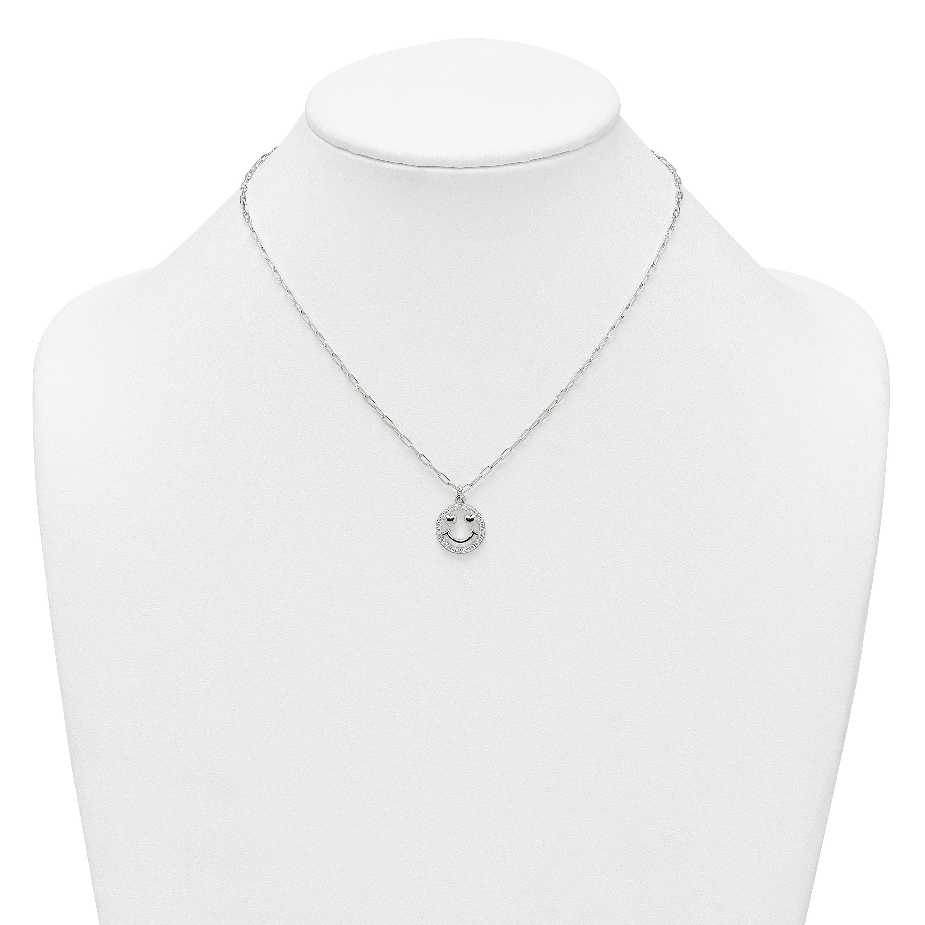 Sterling Silver Polished White CZ Smiley Face with Heart Eyes 16 inch Necklace